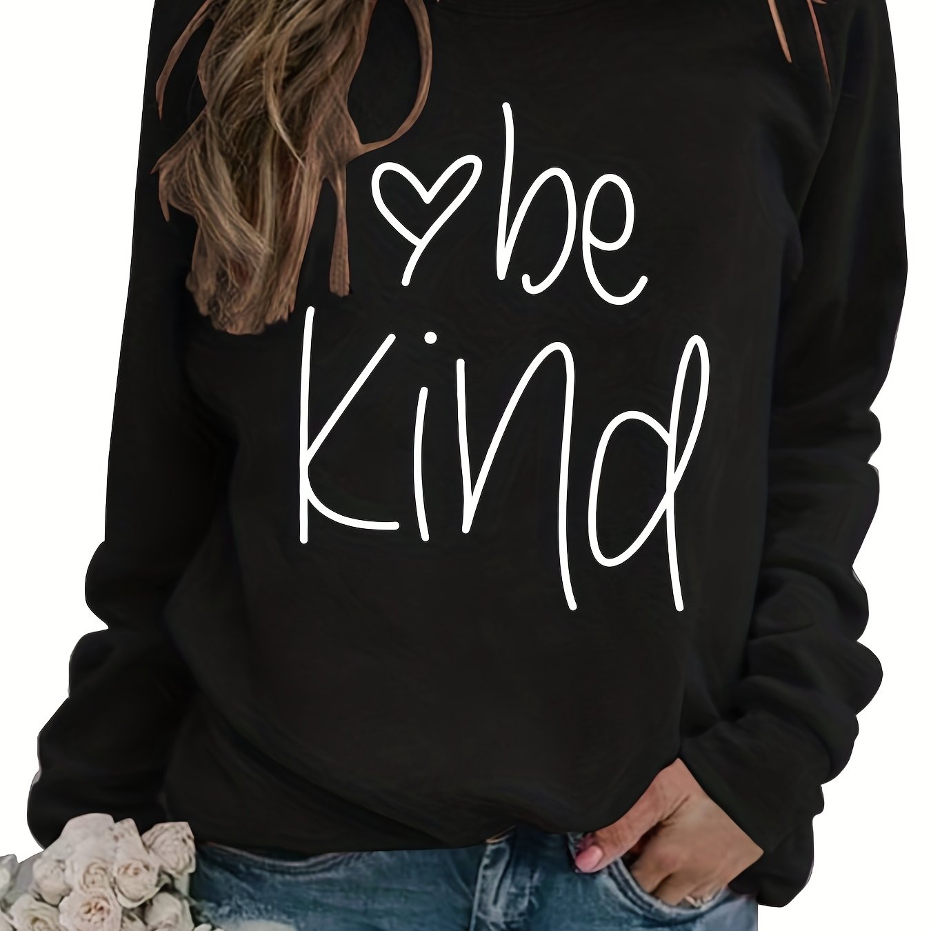 Sixsr Be Kind Letter Print Sweatshirt, Long Sleeve Crew Neck Pullover Sweatshirt, Casual Tops For Fall & Winter, Women's Clothing