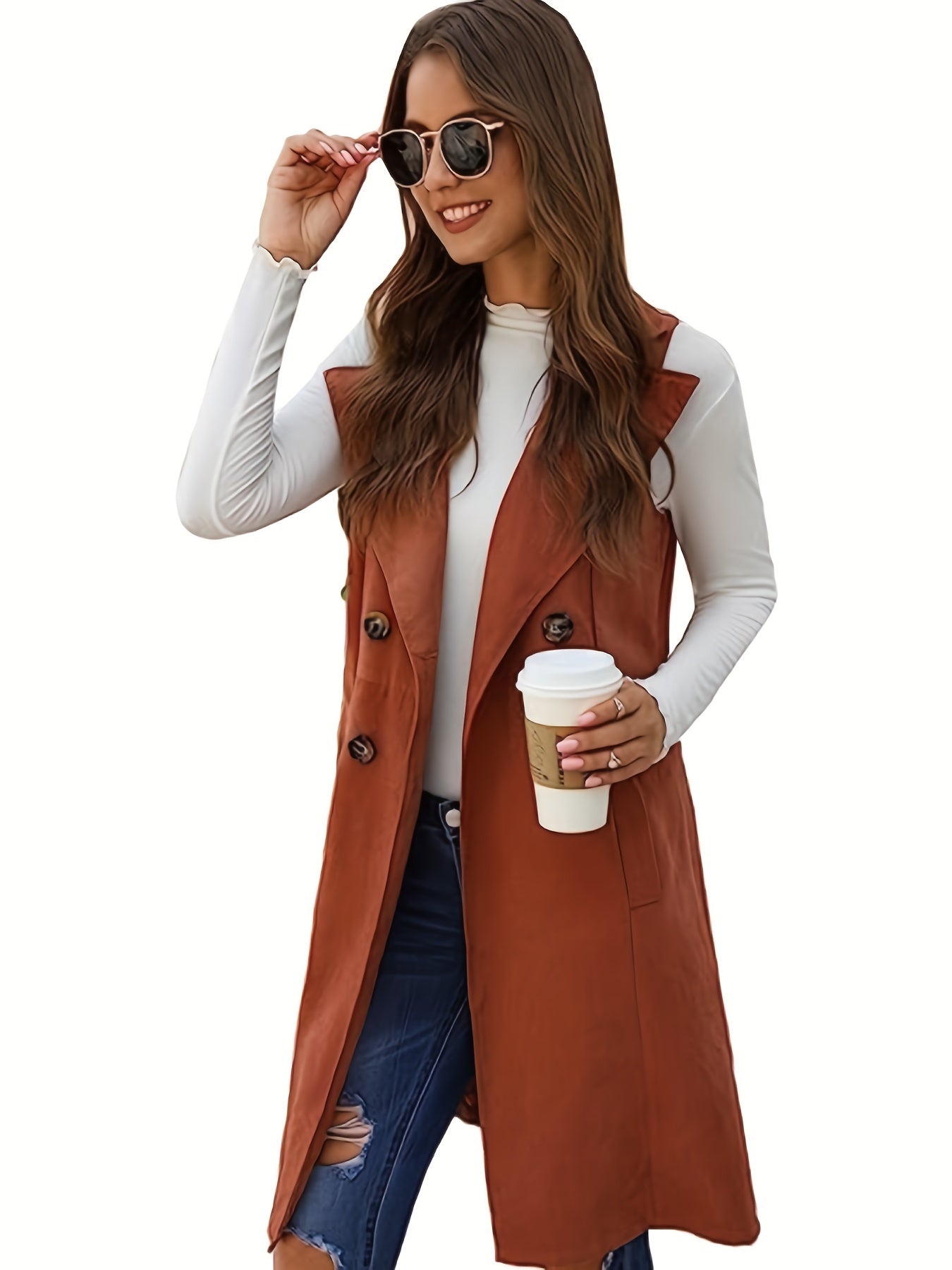Sixsr Plus Size Casual Jacket, Women's Plus Double Breasted Sleeveless Long Vest Jacket With Pockets