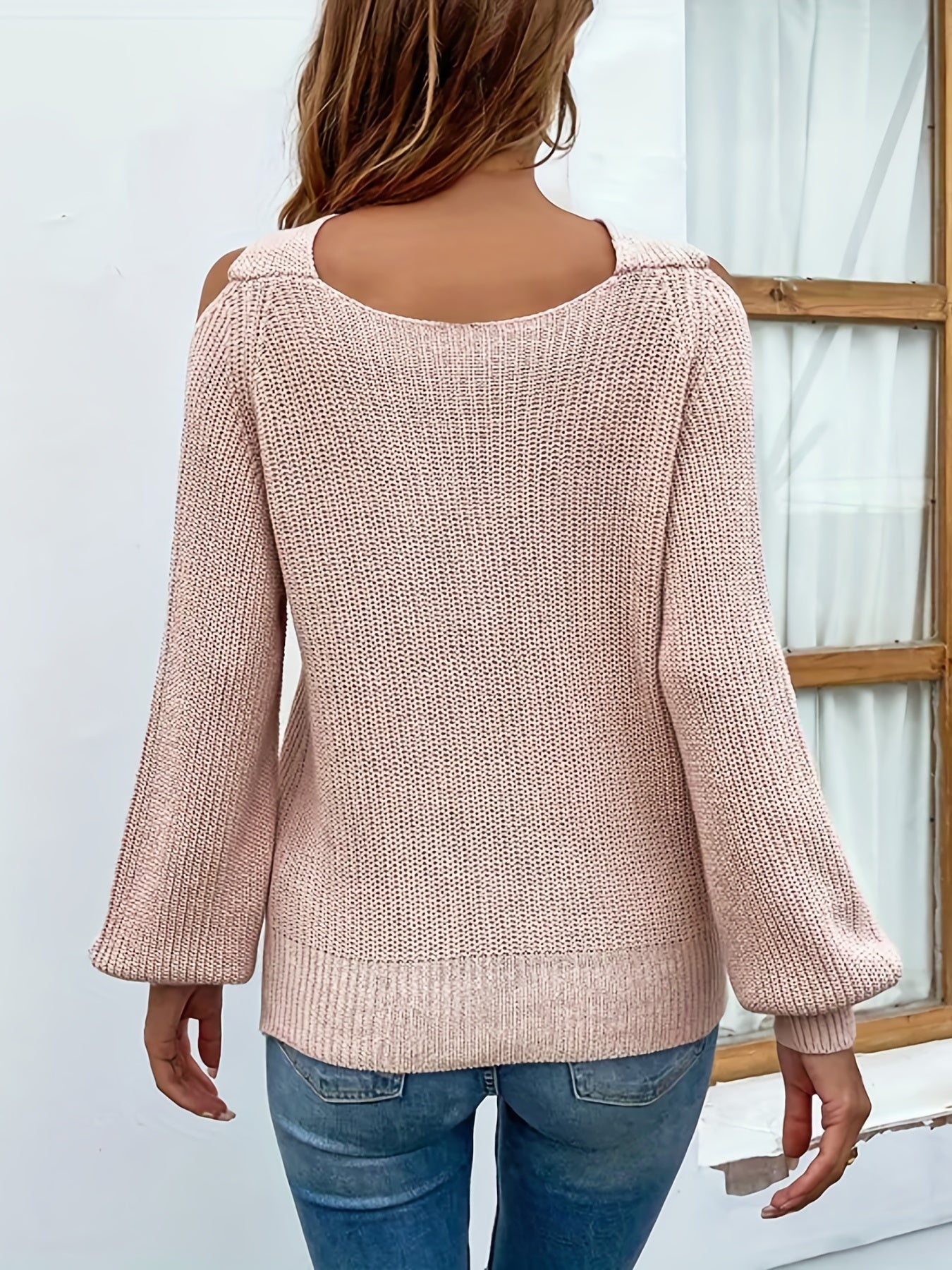 Sixsr Plus Size Casual Sweater, Women's Plus Solid Cross Neck Cold Shoulder Long Sleeve Slight Stretch Sweater