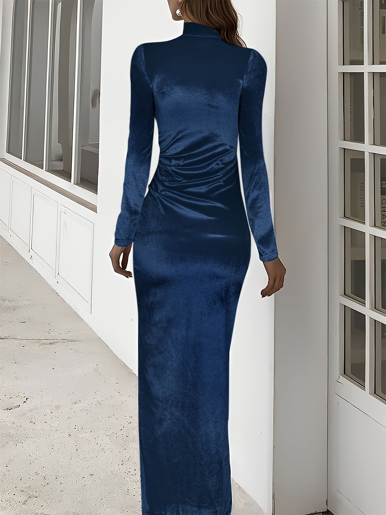 Sixsr Solid Mock Neck Velvet Dress, Sexy Long Sleeve Ruched Split Slim Dress, Women's Clothing