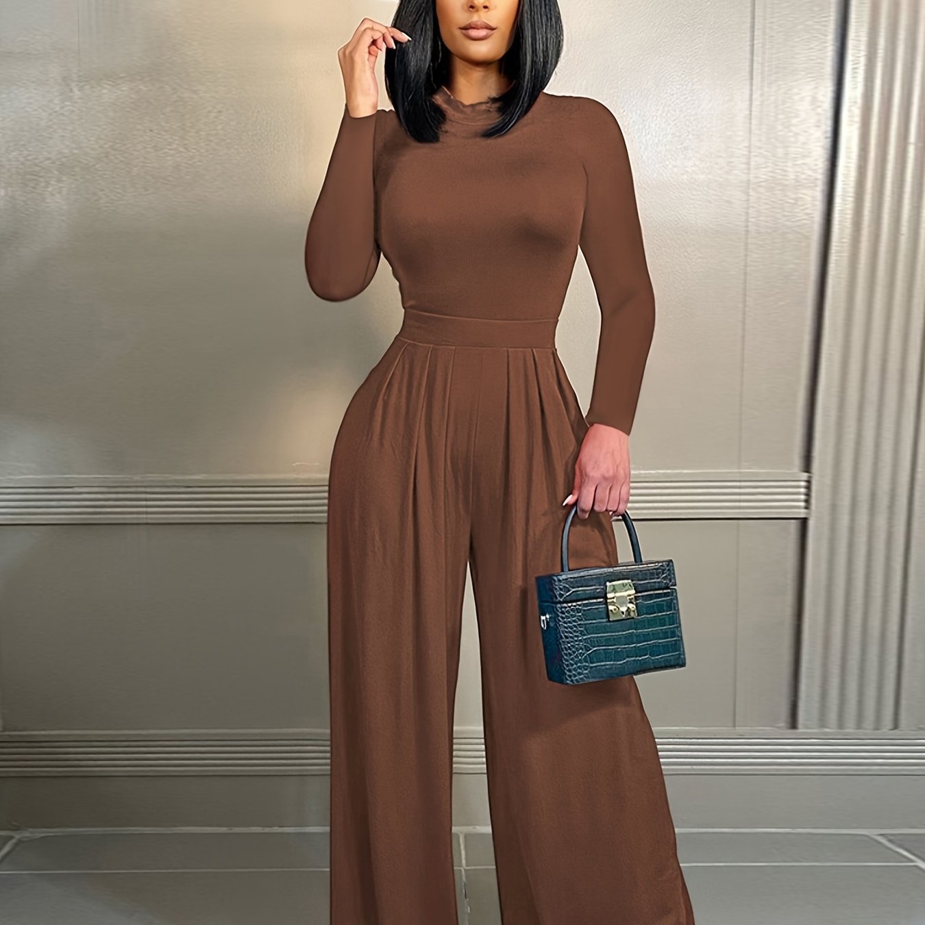 Sixsr Solid Long Sleeve Bodysuit Wide Leg Pants Two-piece Set, Fashion Fall Winter Outfits, Women's Clothing