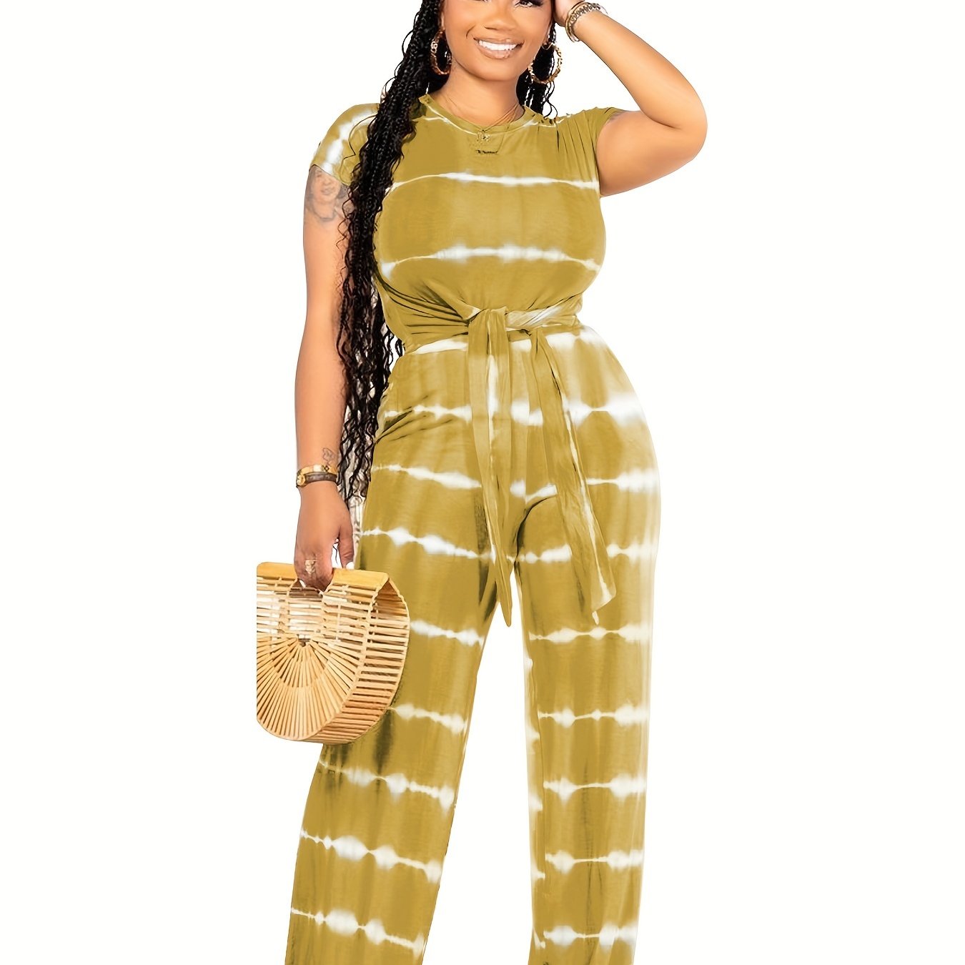 two-piece Tie Dye Casual Set for Women - Short Sleeve Lace Up T-shirt and Straight Leg Pants Outfit for Comfortable and Stylish Look