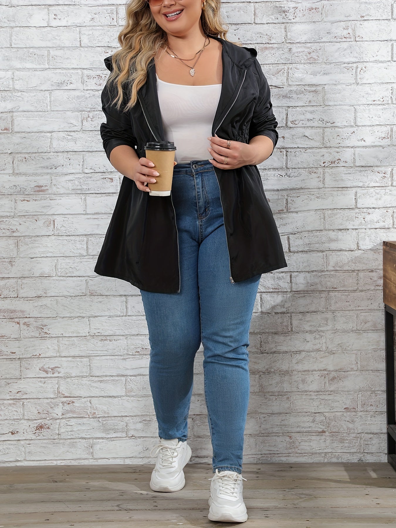 Sixsr Plus Size Casual Coat, Women's Plus Solid Zipper Long Sleeve Hoodie Drawstring Tunic Coat