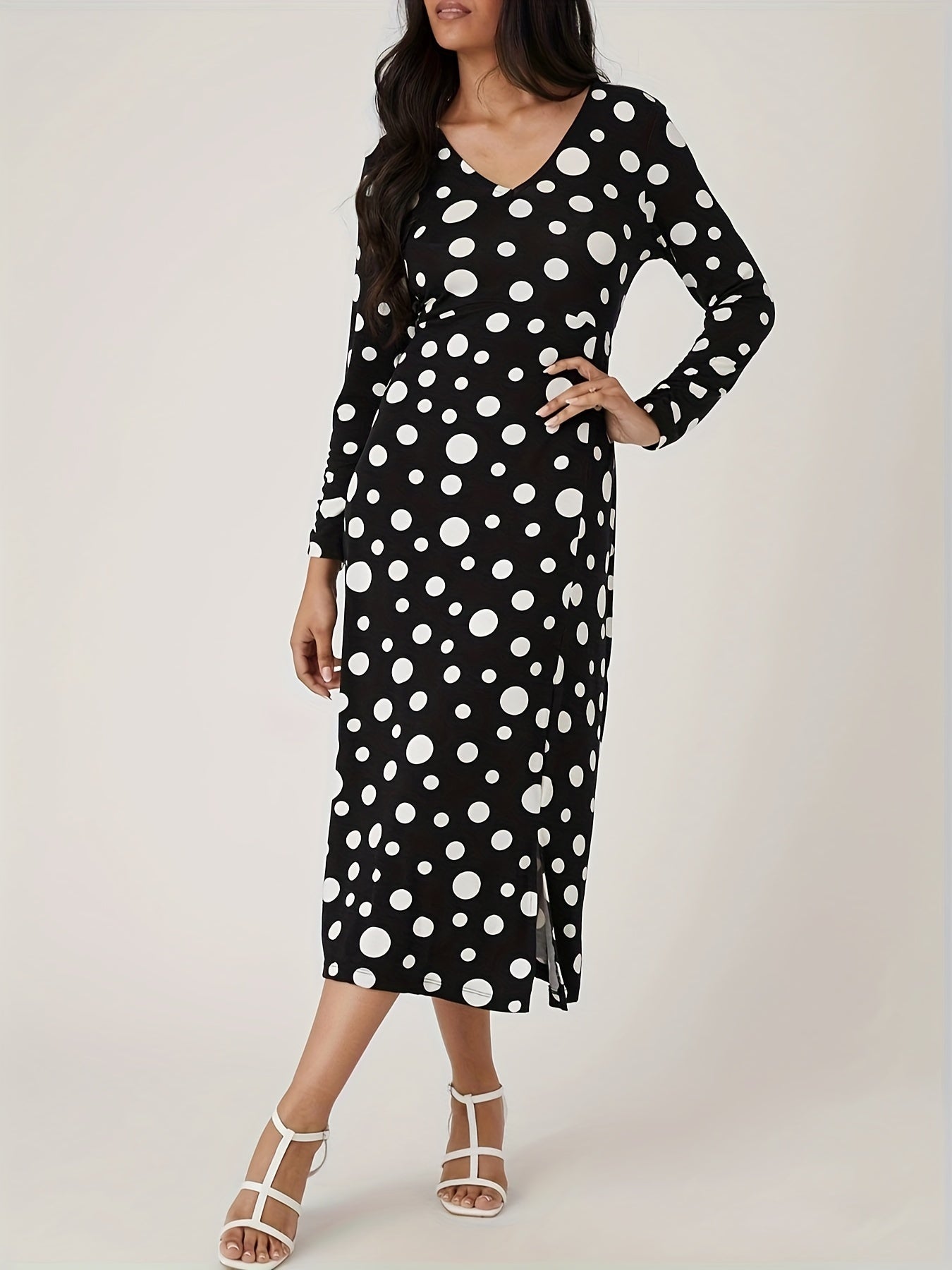 Sixsr Polka Dot Print Long Sleeve Dress, Casual V Neck Split Hem Dress For Spring & Fall, Women's Clothing