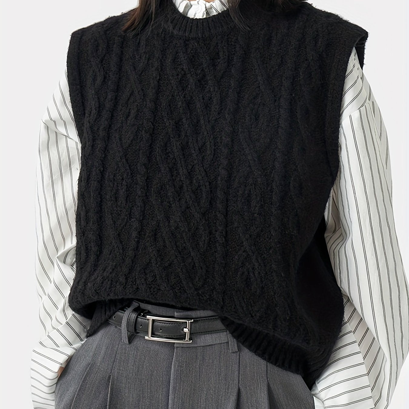 Sixsr Solid Chunky Knitted Sweater Vest, Vintage Crew Neck Sweater Vest For Fall & Winter, Women's Clothing