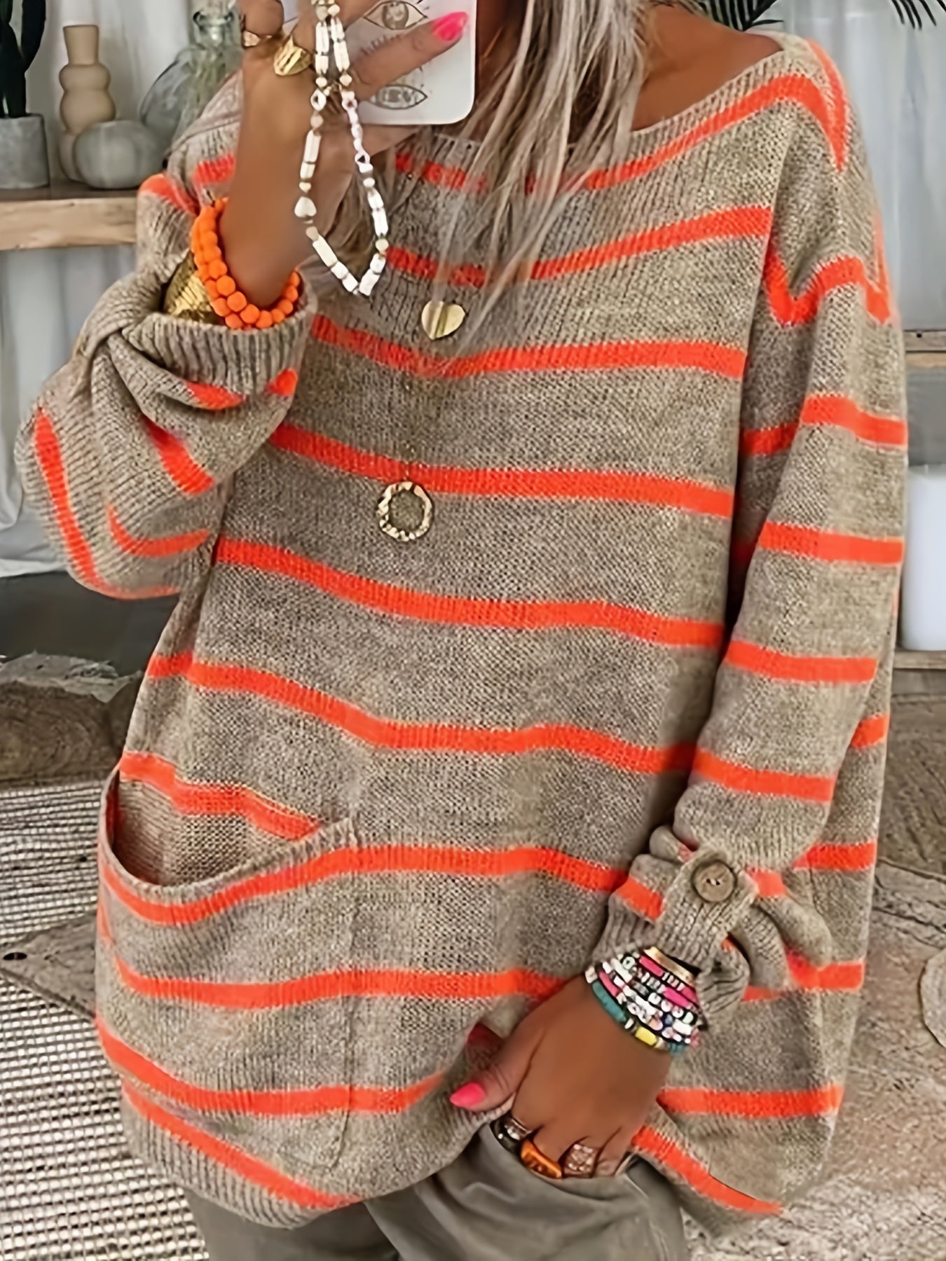 Sixsr Stripe Pattern Pocket Knitted Sweater, Casual Long Sleeve Sweater For Fall & Winter, Women's Clothing