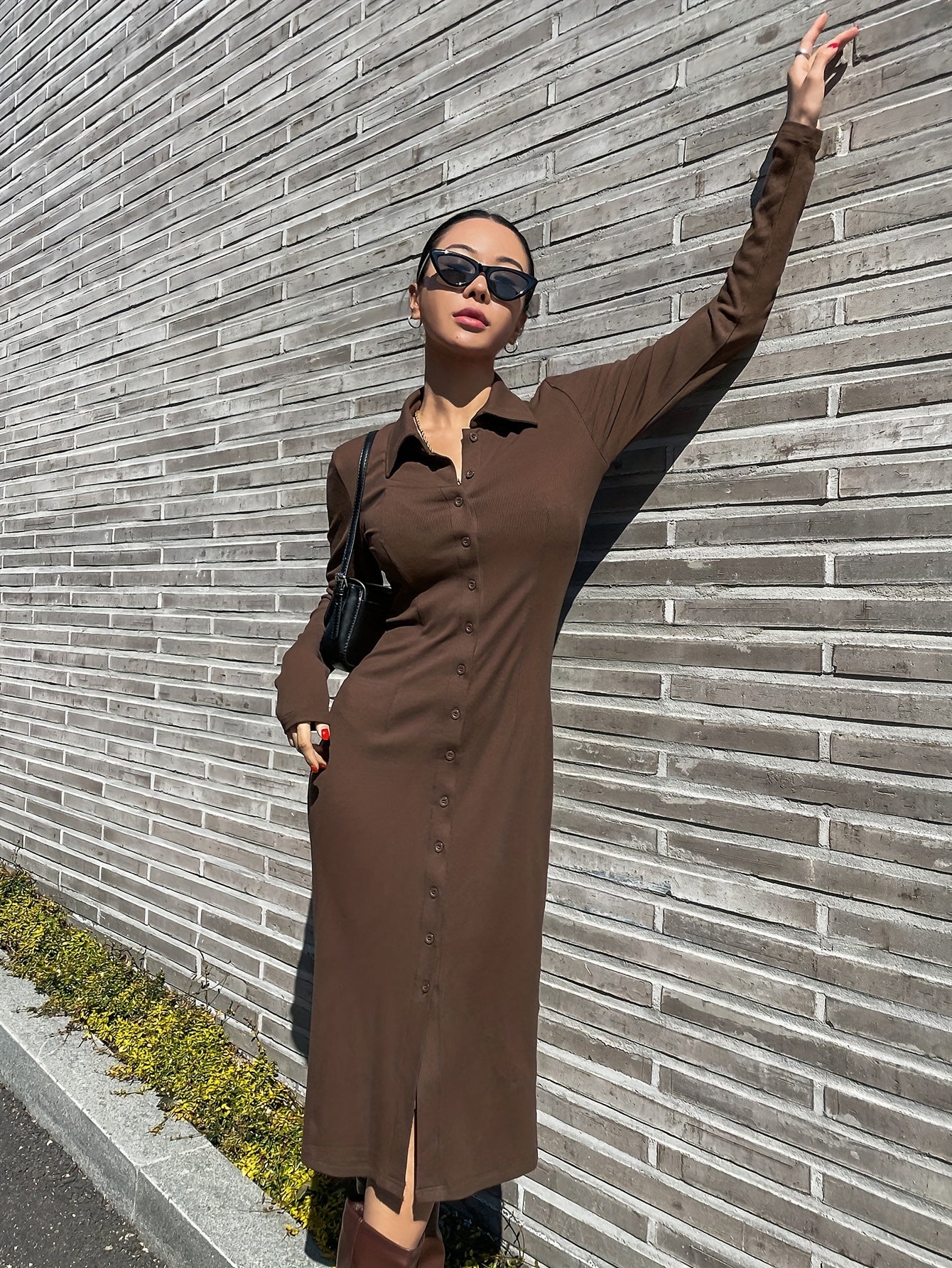 Sixsr Solid Simple Dress, Casual Button Front Long Sleeve Maxi Dress, Women's Clothing