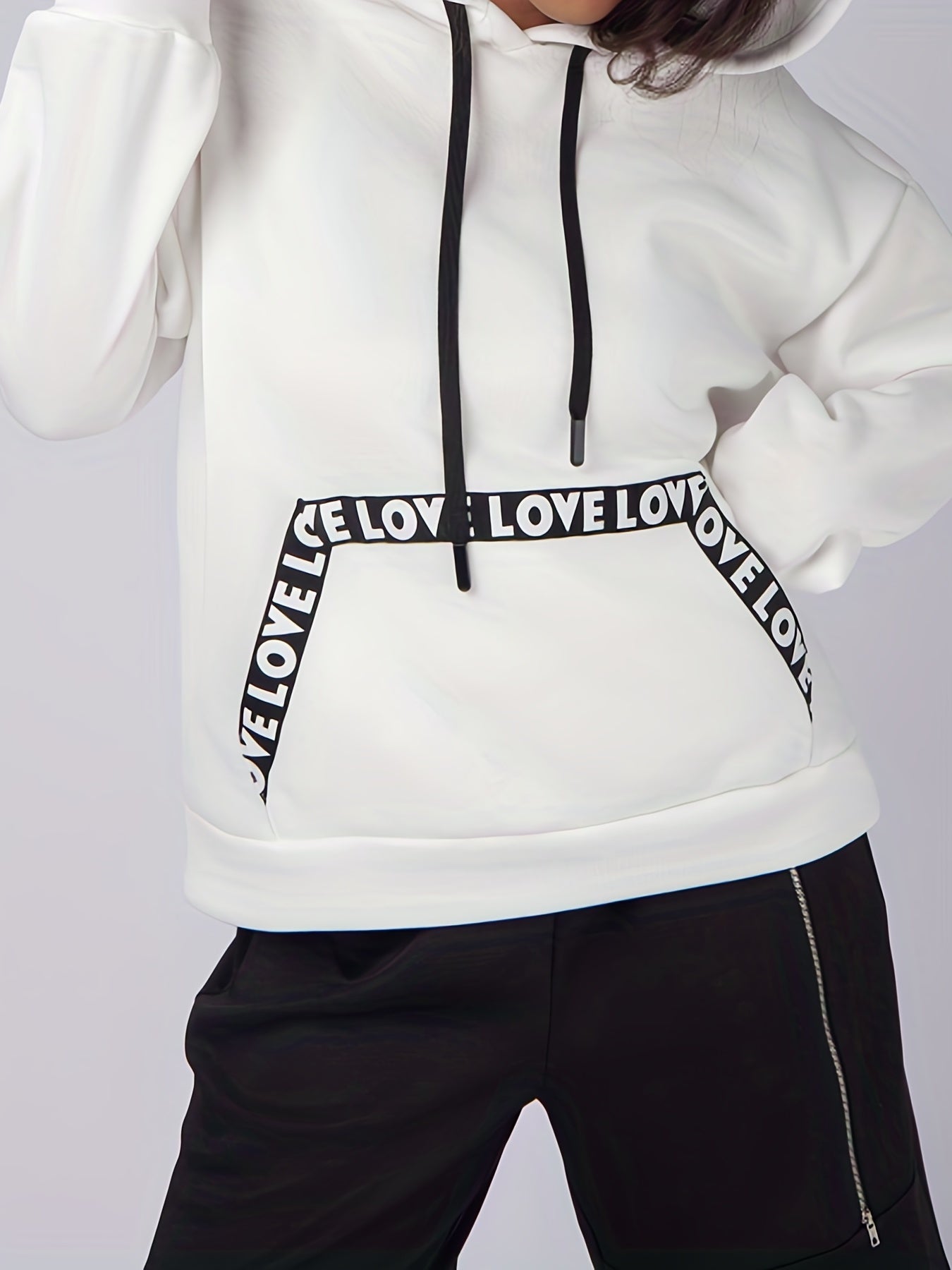 Sixsr Plus Size Casual Sweatshirt, Women's Plus Letter Tape Long Sleeve Slight Stretch Drawstring Hoodie With Giant Pocket