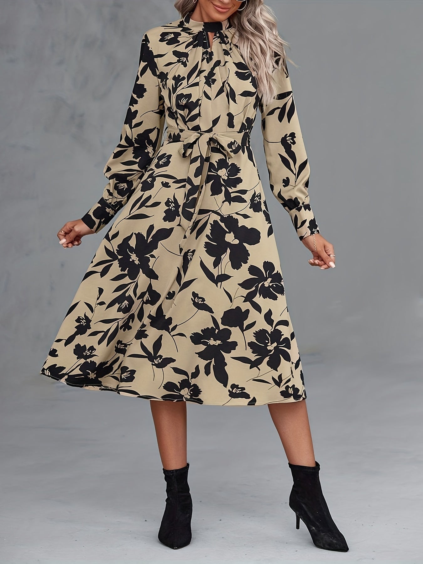 Sixsr Floral Print Keyhole Dress, Casual Stand Collar Long Sleeve Dress For Spring & Fall, Women's Clothing