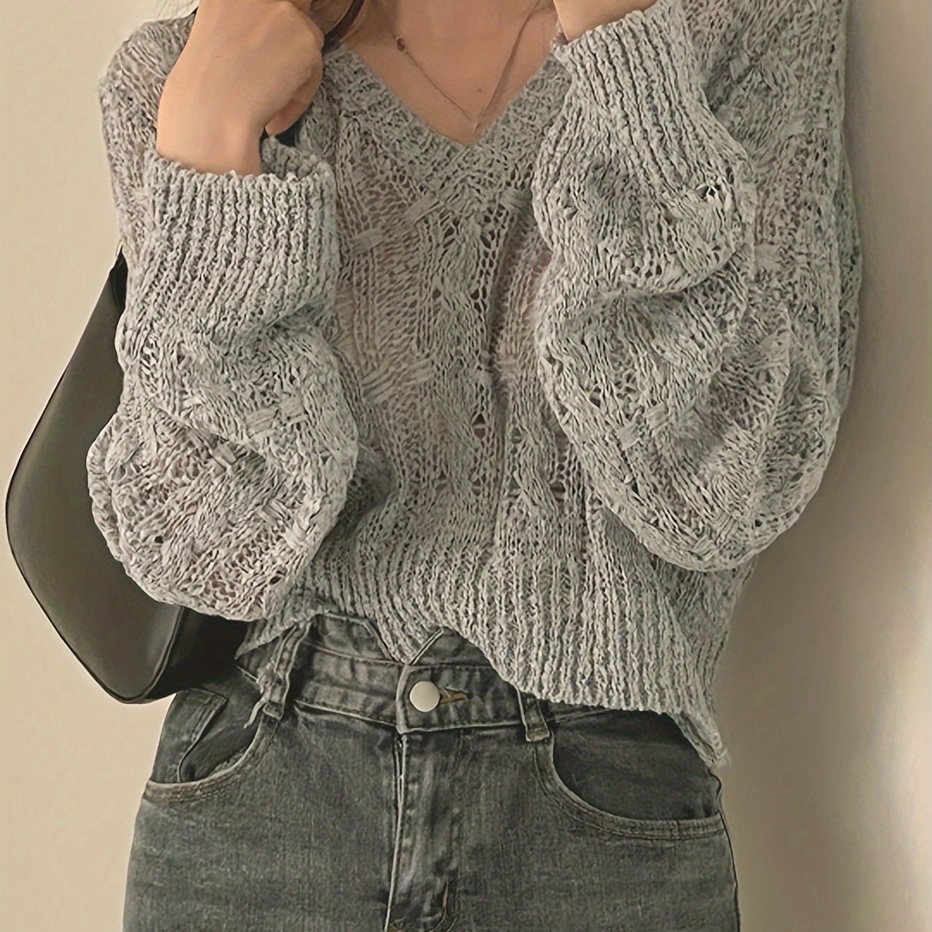 Solid V Neck Pullover Sweater, Casual Long Sleeve Thin Knit Sweater, Women's Clothing