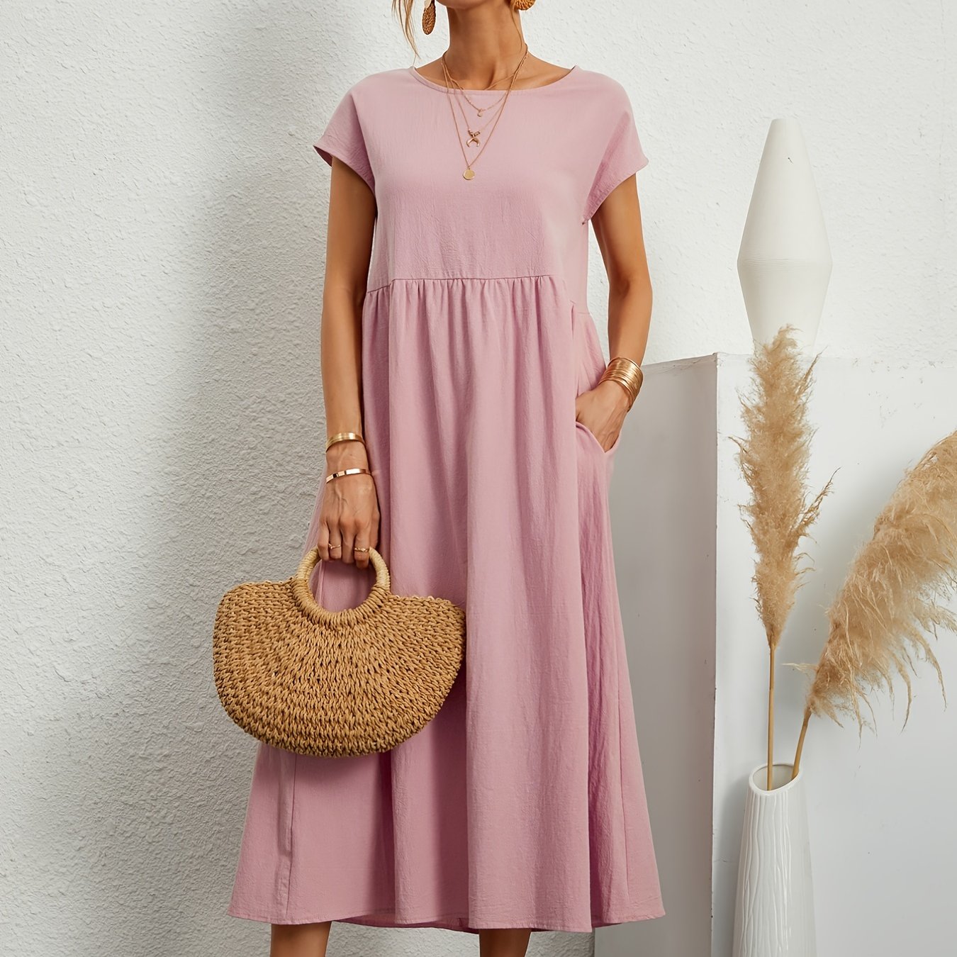 Sixsr Loose Pocket Solid Dress, Casual Short Sleeve Crew Neck Waist Summer Dress, Women's Clothing