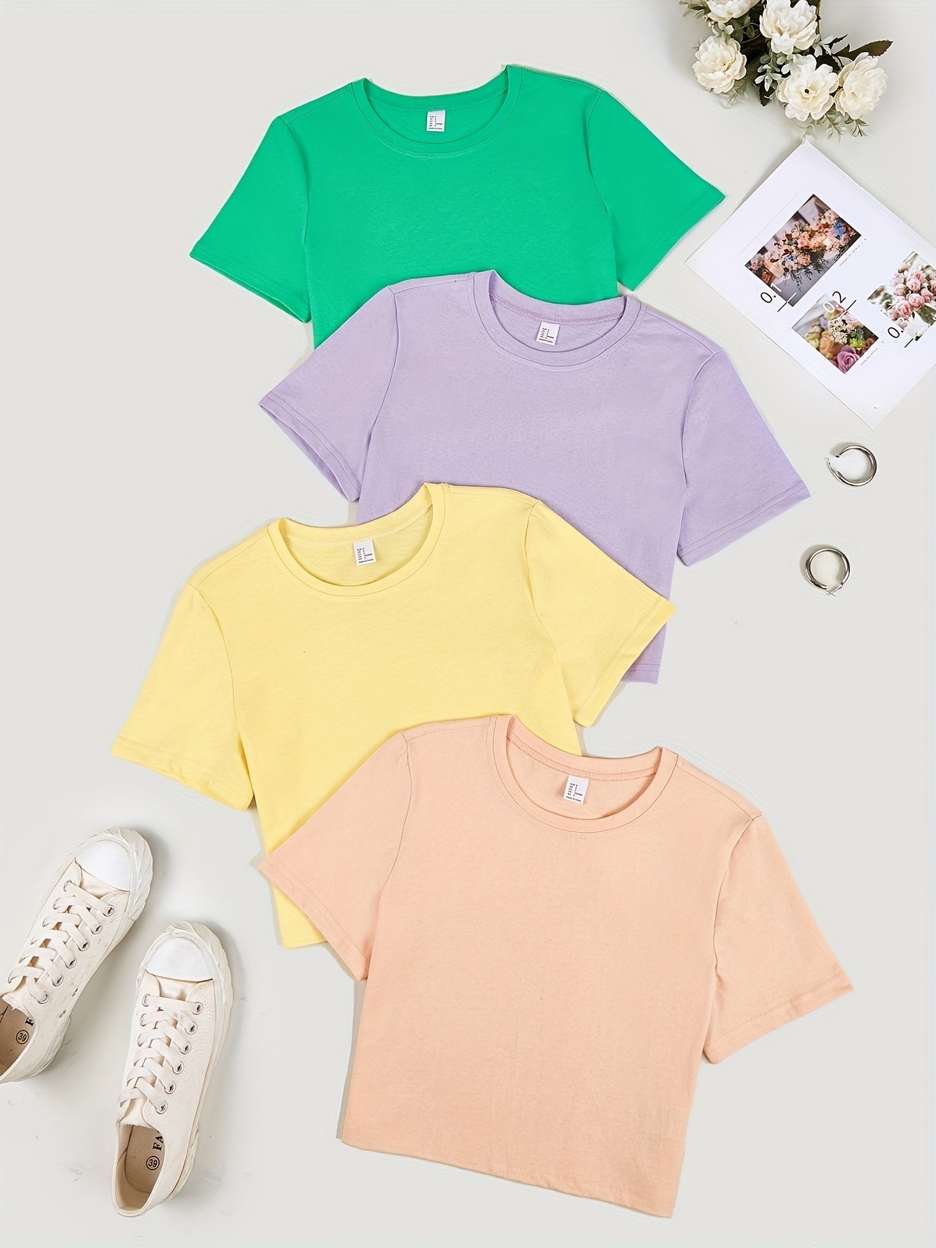 Sixsr Solid Basic 4pcs T-shirt, Casual Crew Neck Short Sleeve Summer T-shirt, Women's Clothing