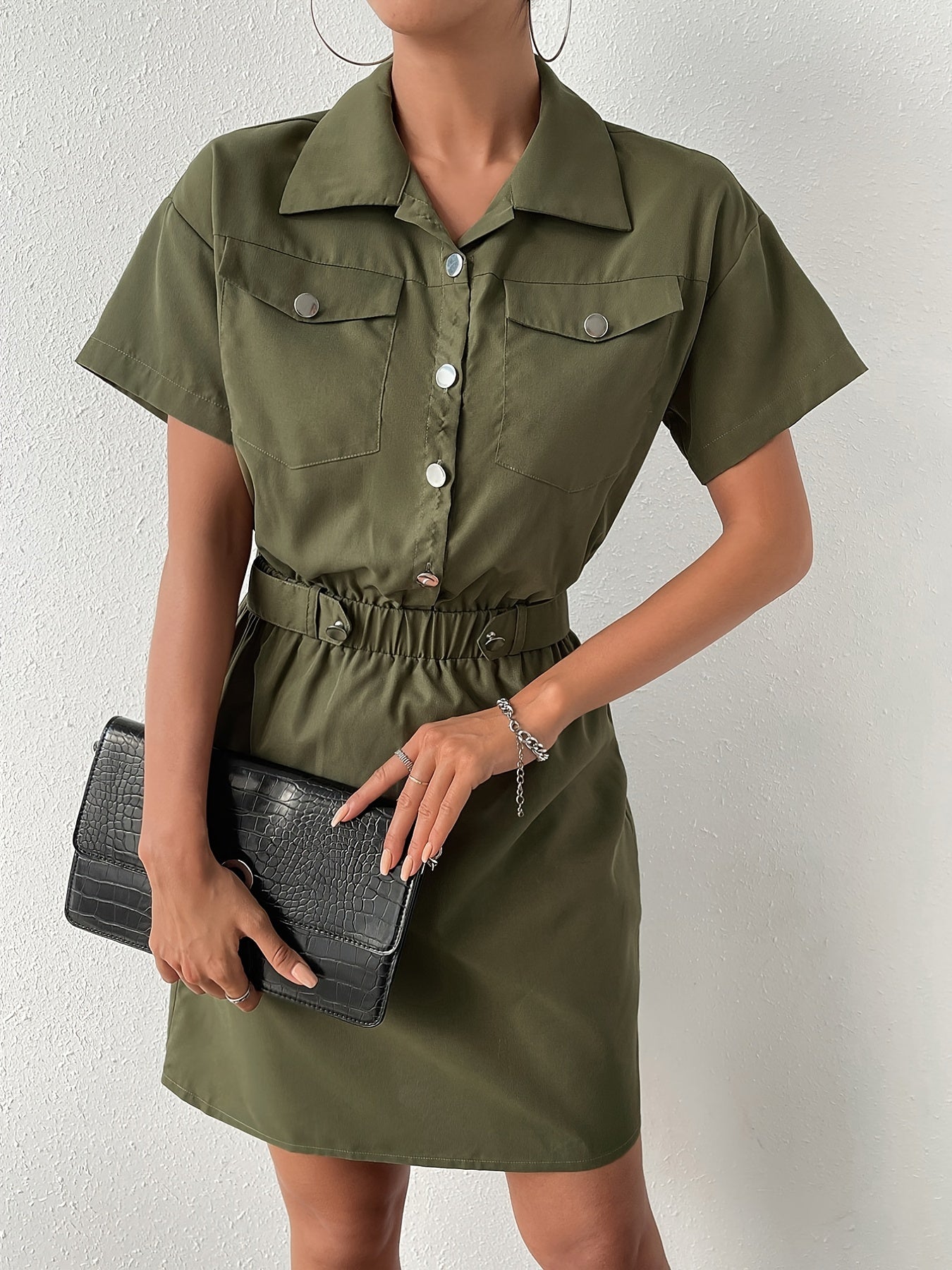 Sixsr Flap Pockets Lapel Cargo Dress, Casual Short Sleeve Elastic Waist Dress For Spring & Summer, Women's Clothing