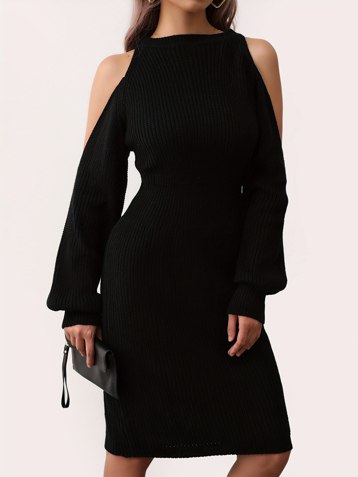 Sixsr Cold Shoulder Lantern Sleeve Dress, Elegant Solid Bodycon Dress, Women's Clothing