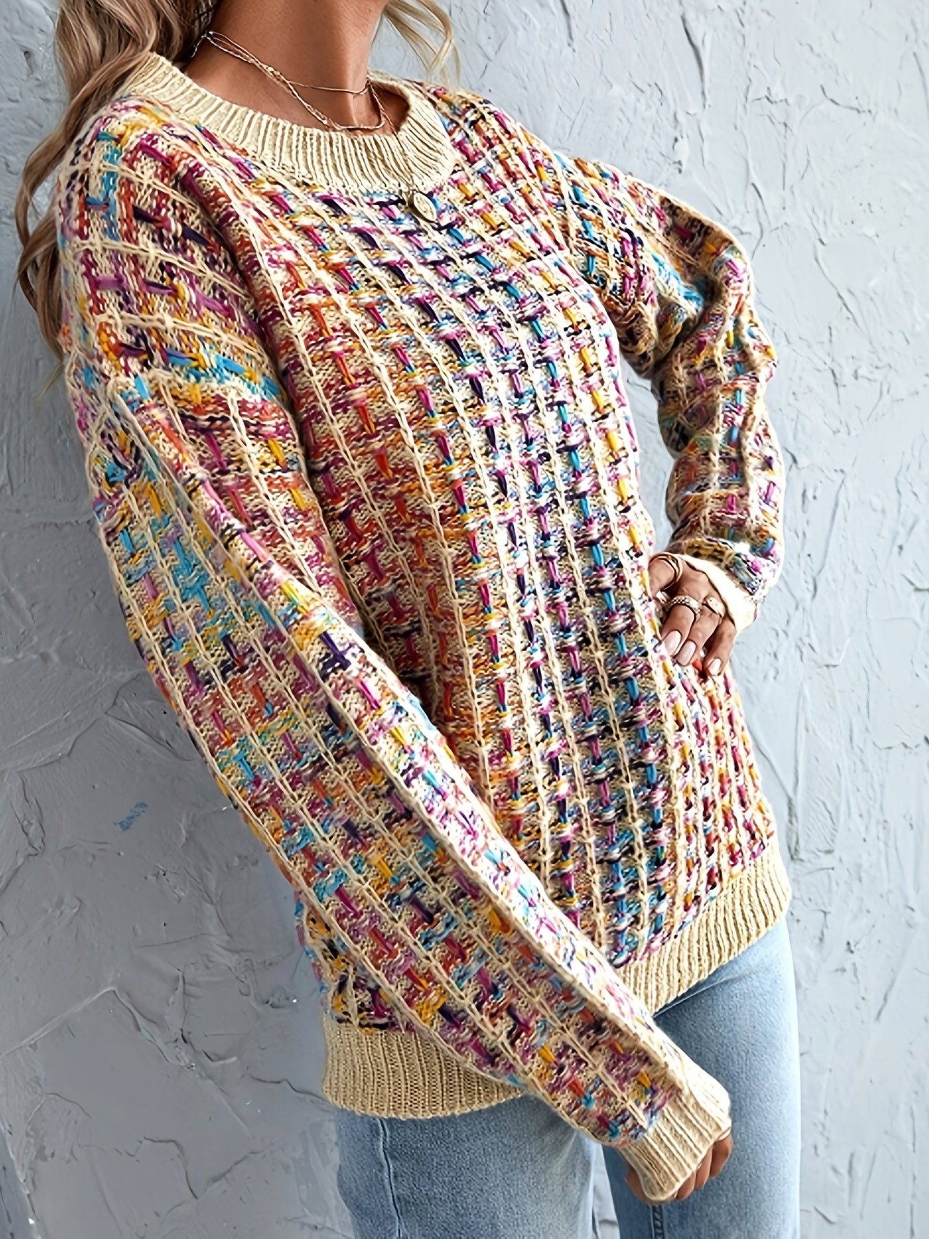 Sixsr Colorful Knit Sweater, Casual Crew Neck Long Sleeve Sweater, Women's Clothing
