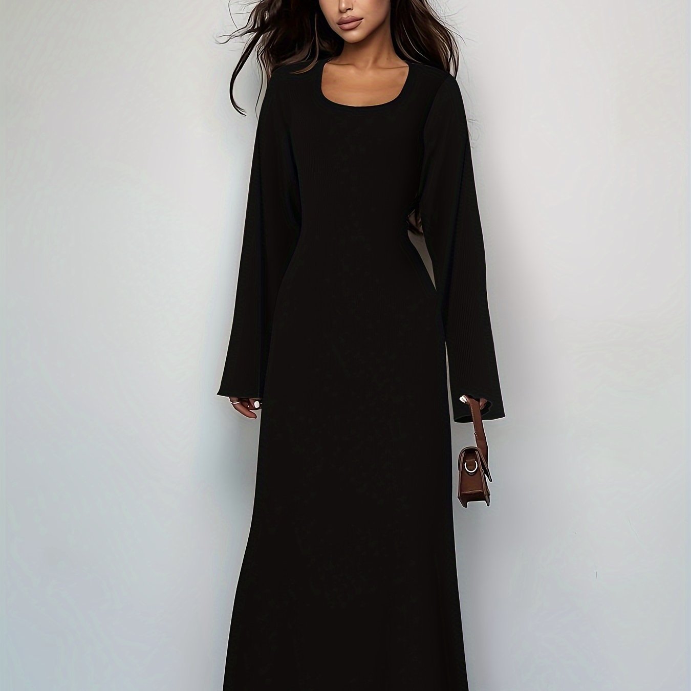 Sixsr Solid Tie Back U Neck Dress, Elegant Long Sleeve Maxi Dress, Women's Clothing