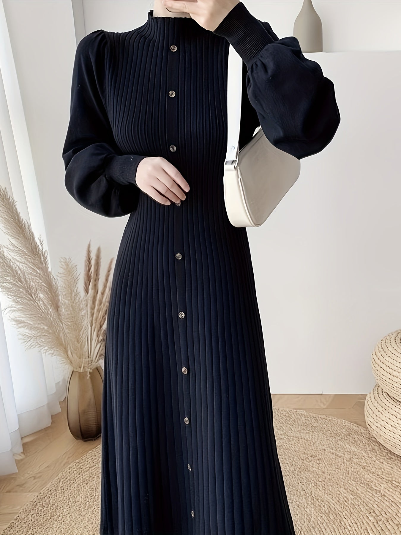 Sixsr Ribbed Mock Neck Dress, Casual Button Front Long Lantern Sleeve Dress, Women's Clothing