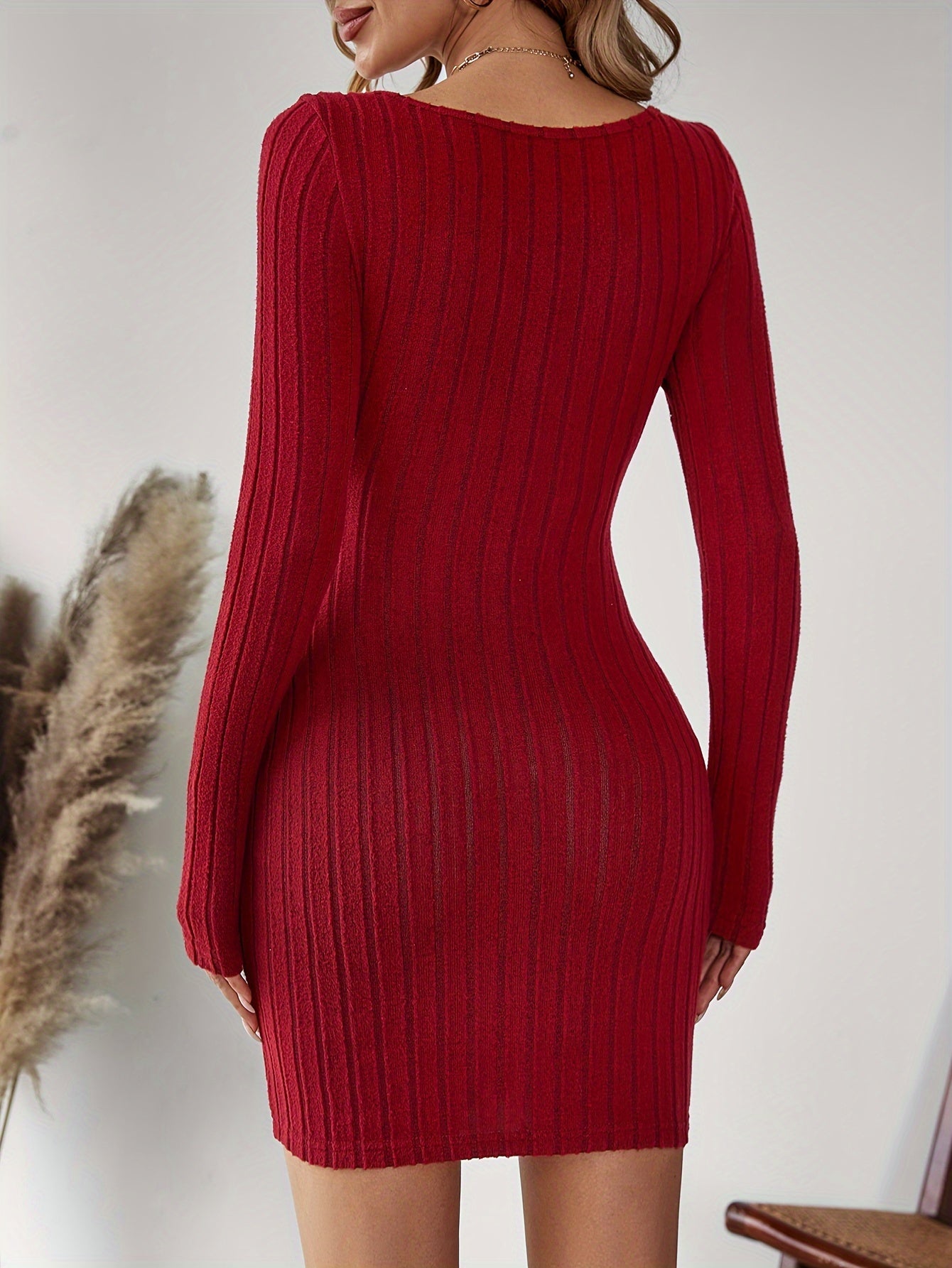 Sixsr Solid Ribbed Bodycon Dress, Party Wear V Neck Long Sleeve Dress, Women's Clothing