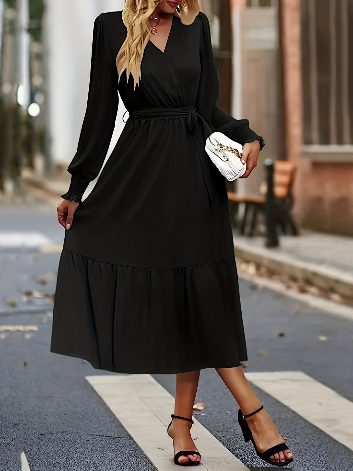 Sixsr Surplice Neck Solid Dress, Casual Long Sleeve Ruffle Hem Dress, Women's Clothing