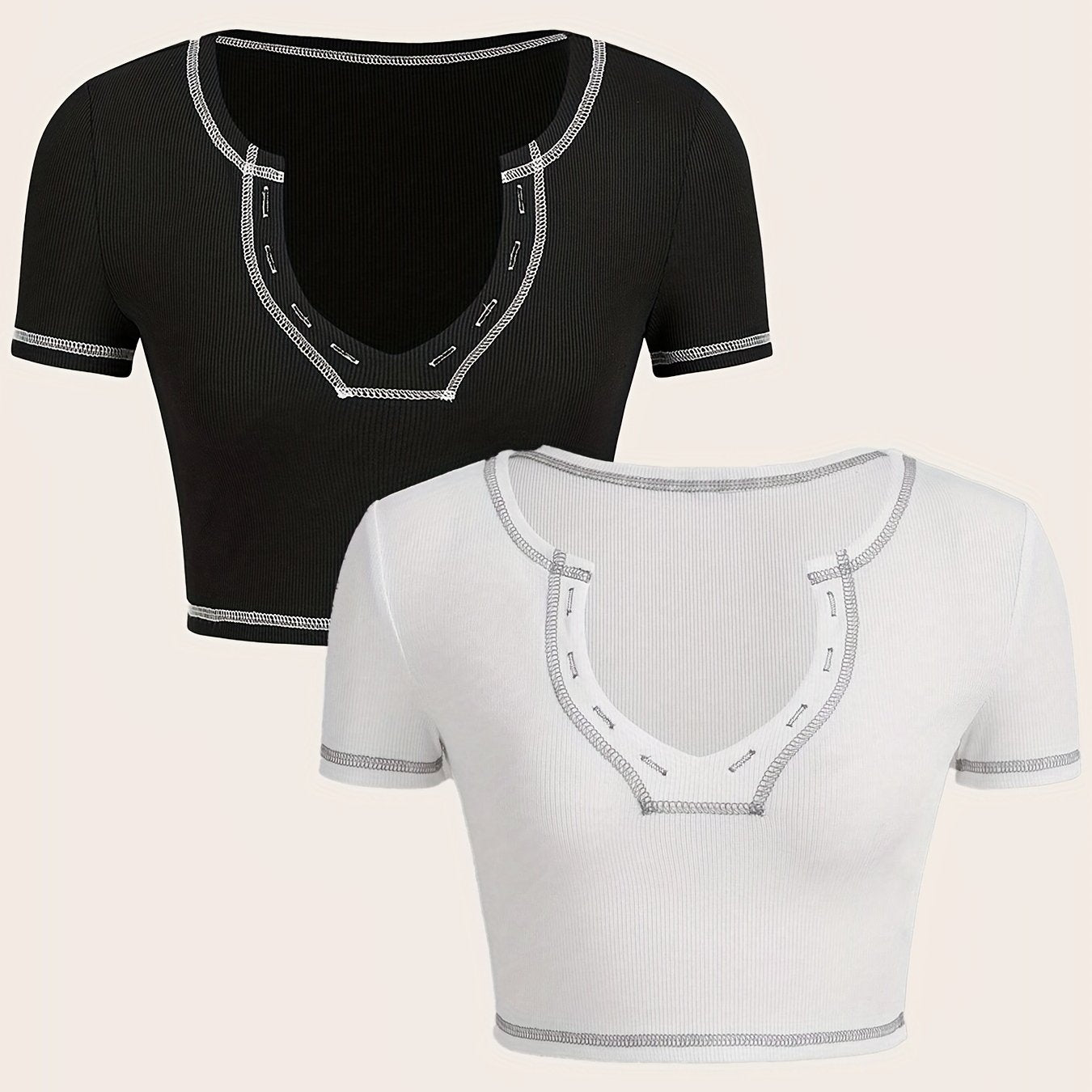 Sixsr 2 Packs Top-stitching Crop T-Shirts, Casual Short Sleeve Top For Spring & Summer, Women's Clothing