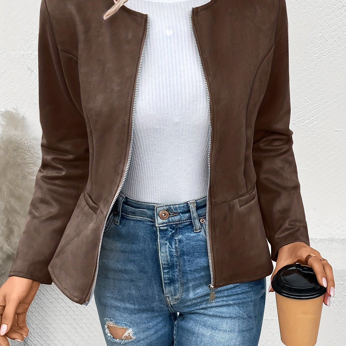 Sixsr Solid Zip Up Jacket, Casual Long Sleeve Crew Neck Outerwear For Spring & Fall, Women's Clothing