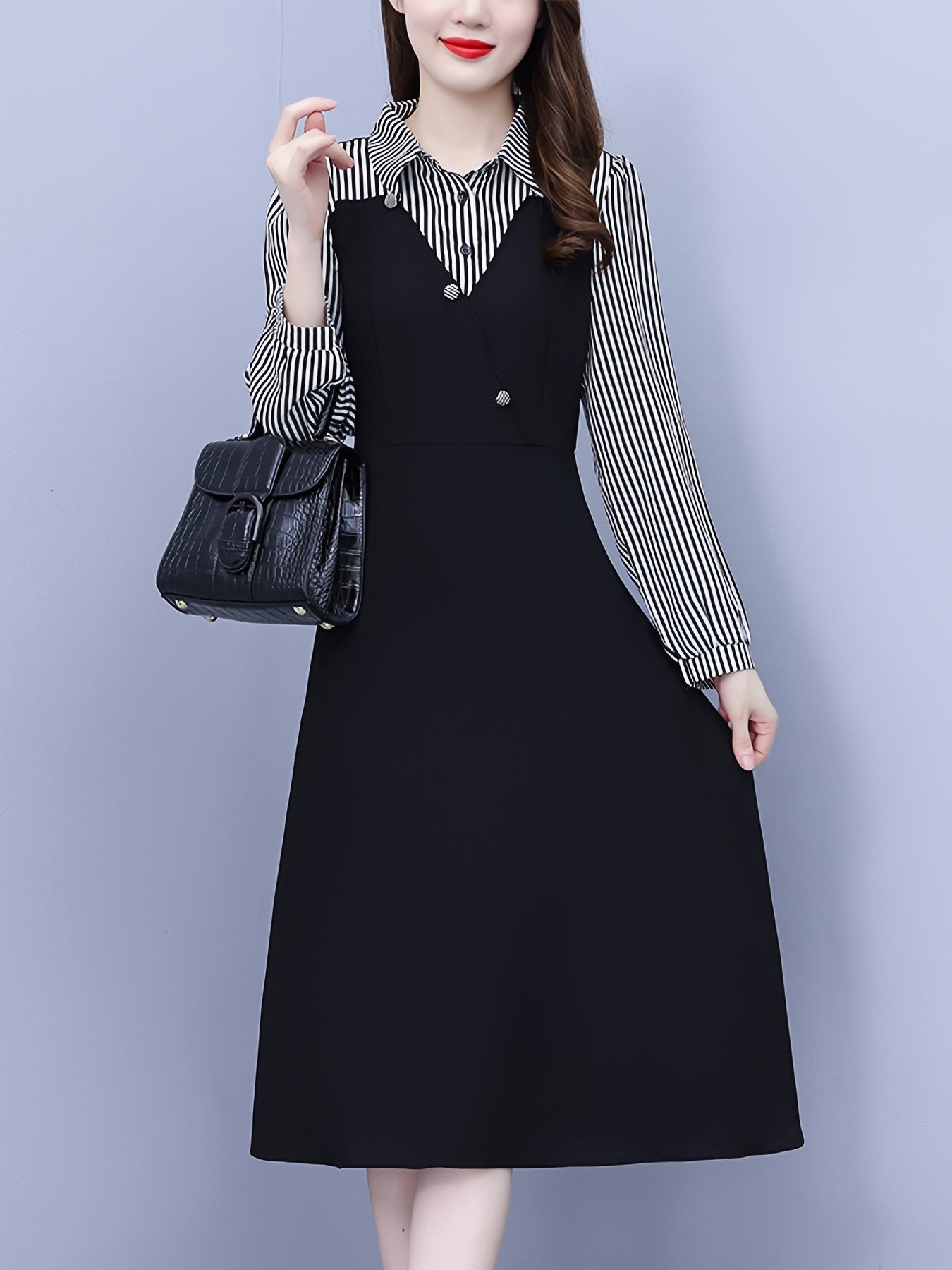 Sixsr Striped Print Splicing Dress, Elegant Long Sleeve Midi Dress, Women's Clothing