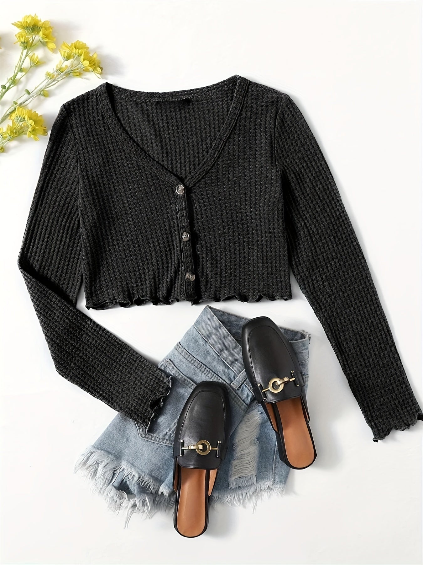 Sixsr Solid Lettuce Trim Knit Cardigan, Casual Button Front Long Sleeve Sweater, Women's Clothing