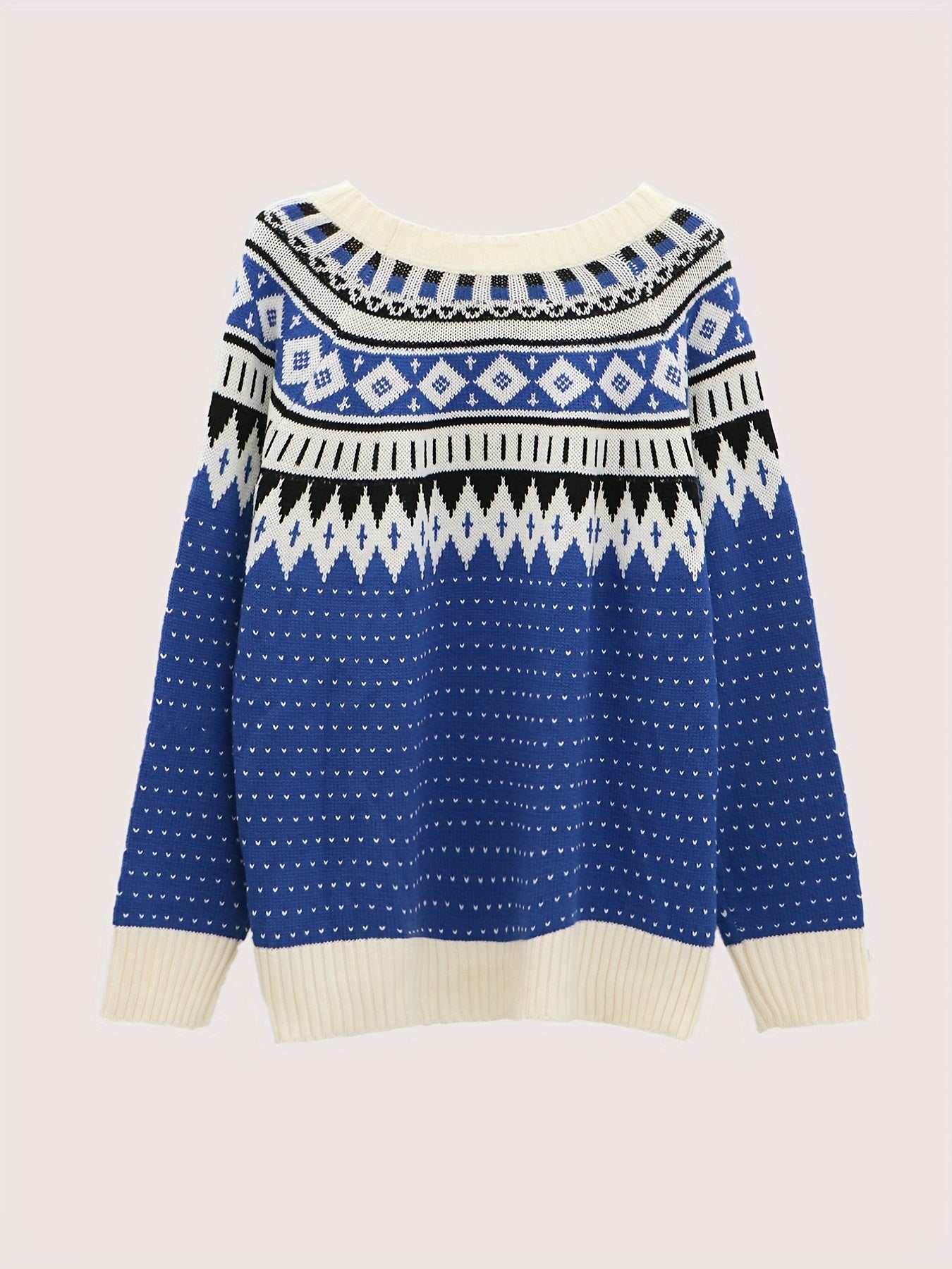 Sixsr Plus Size Boho Sweater, Women's Plus Geo Patterned Long Sleeve Crew Neck Medium Stretch Pullover Jumper