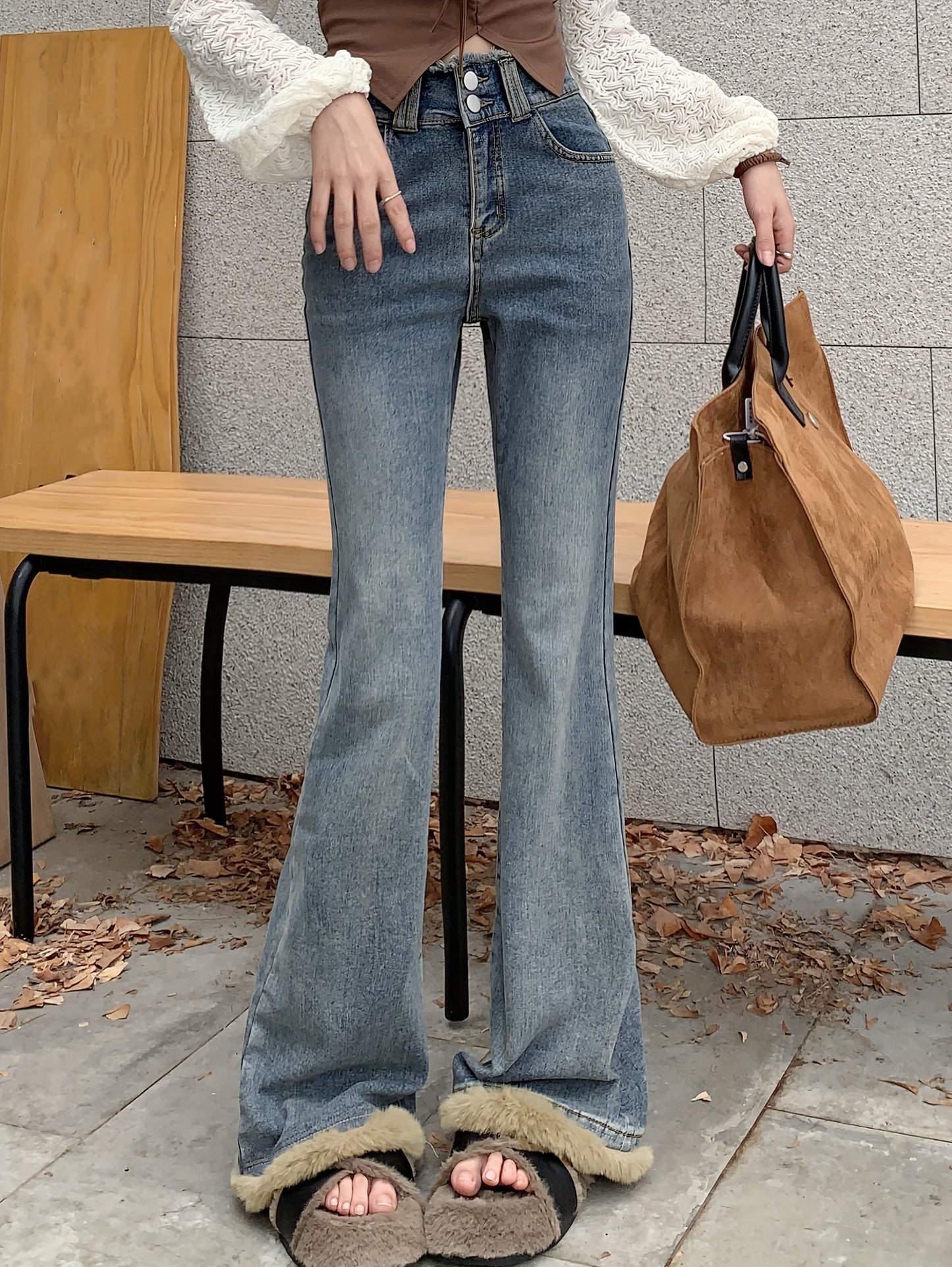 Sixsr High Waist Niche Bootcut Jeans, Plush Stitching Double Button Slant Pockets Denim Pants, Women's Denim Jeans & Clothing