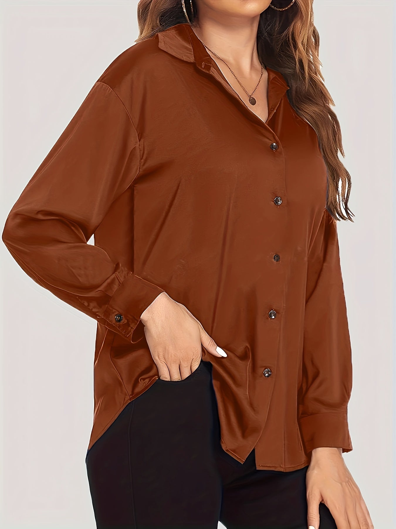 Sixsr Plus Size Casual Blouse, Women's Plus Solid Satin Button Up Long Sleeve Turn Down Collar Blouse