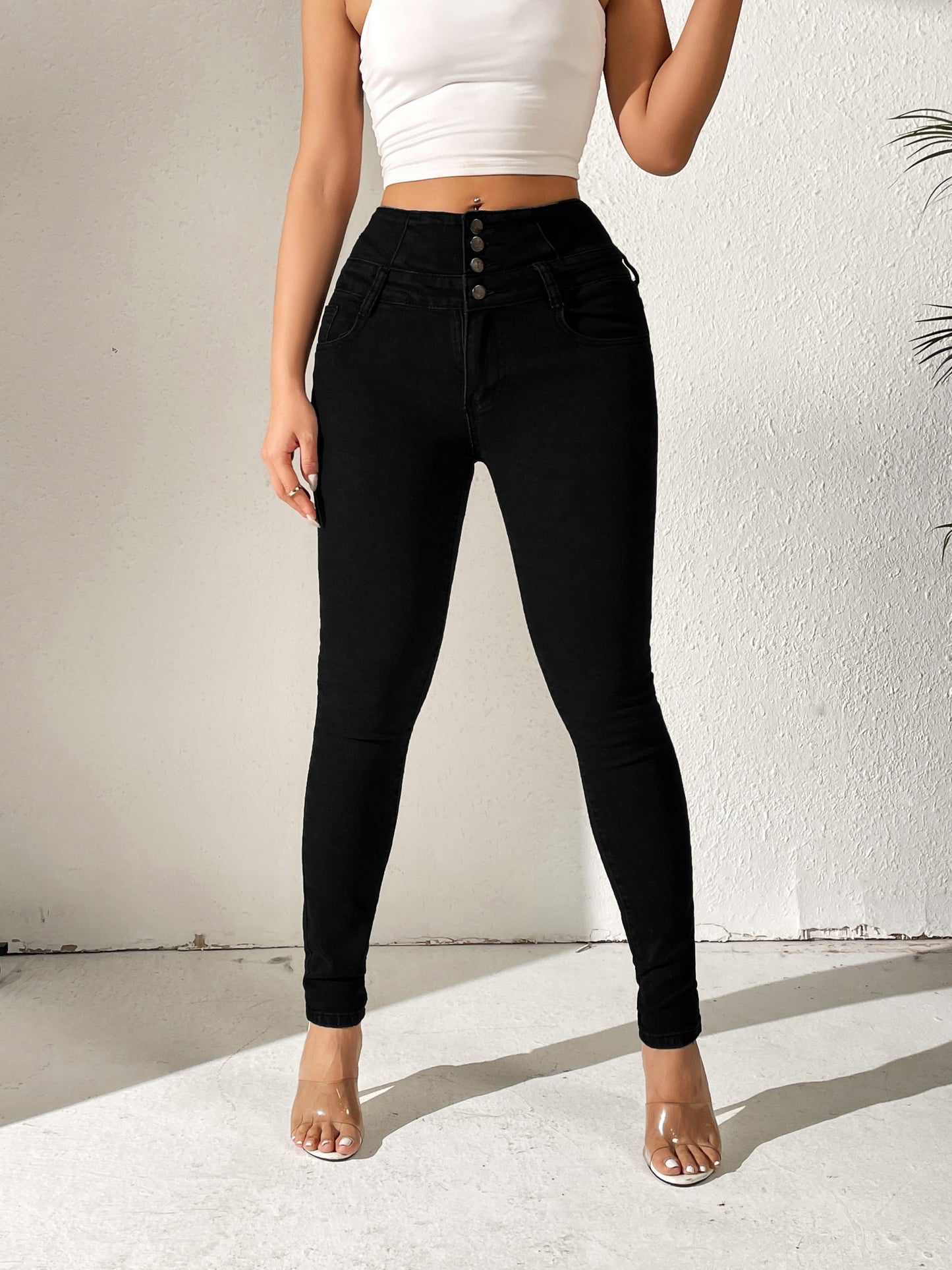 Sixsr High Waist Solid Color Fit Women's Denim, High Stretch Slash Pockets Slim Trousers, Multi Crotch Buttons Curvy Black Pants, Women's Denim & Clothing