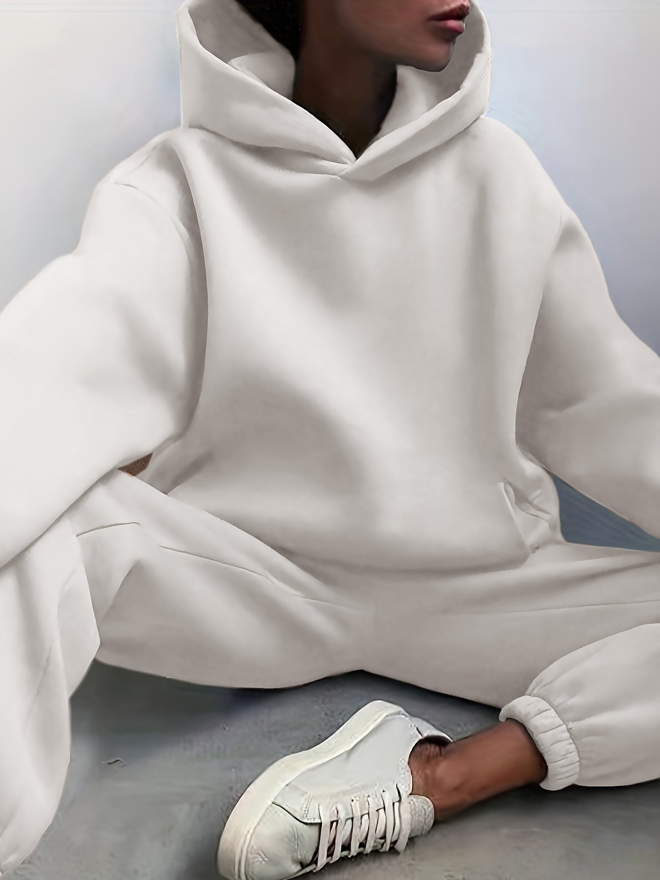 Sixsr Casual Solid Two-piece Set, Drop Shoulder Long Sleeve Hoodies & Elastic Waist Jogger Pants Outfits, Women's Clothing
