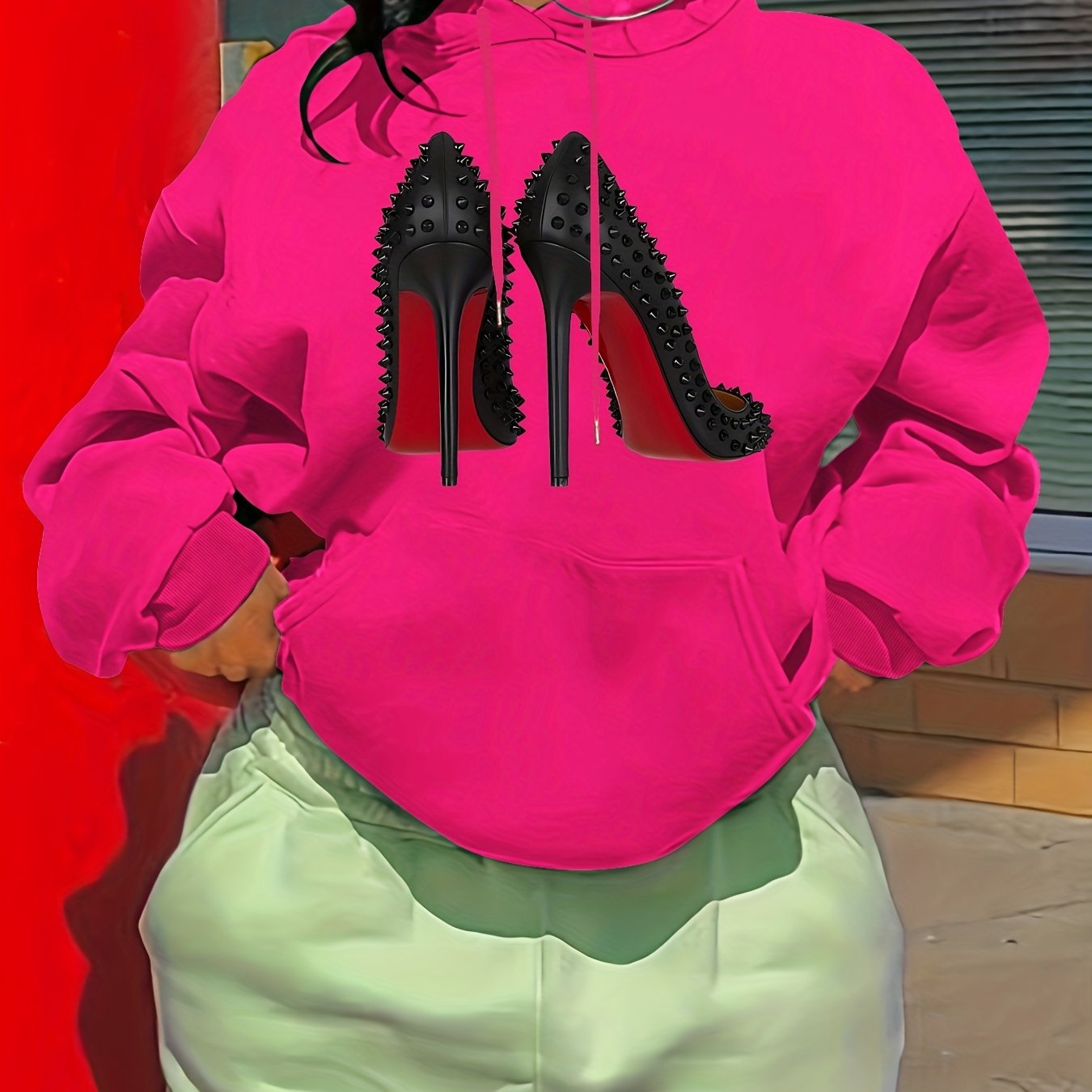 Sixsr High Heels Print Hoodie, Casual Pocket Long Sleeve Drawstring Hoodies Sweatshirt, Women's Clothing