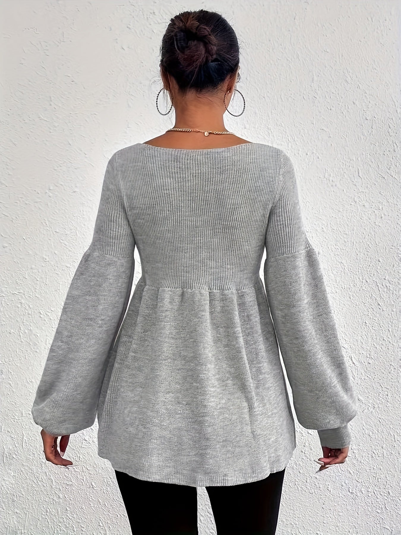Sixsr Solid V Neck Pullover Sweater, Casual Long Sleeve Ruffle Hem Loose Sweater, Women's Clothing