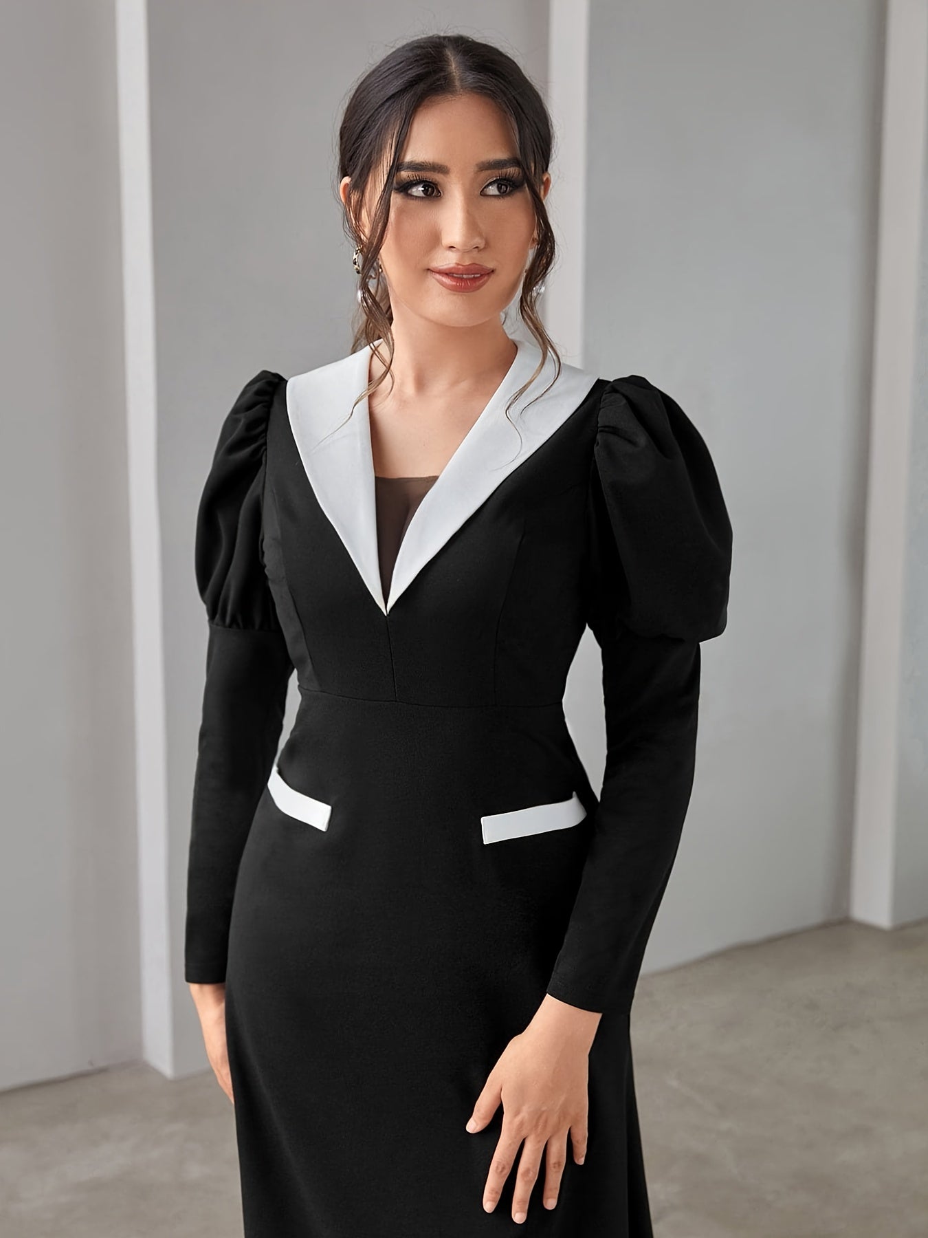 Sixsr Color Block Puff Long Sleeve Dress, Elegant V Neck Midi Dress, Women's Clothing