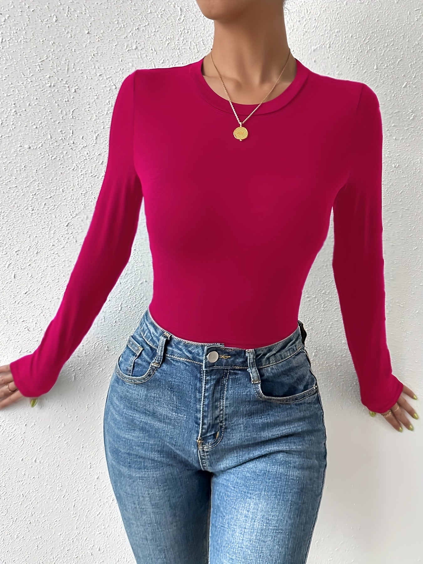 Sixsr Basic Skinny Stretchy Top, Long Sleeve Crew Neck Solid T-Shirts, Casual Every Day Tops, Women's Clothing