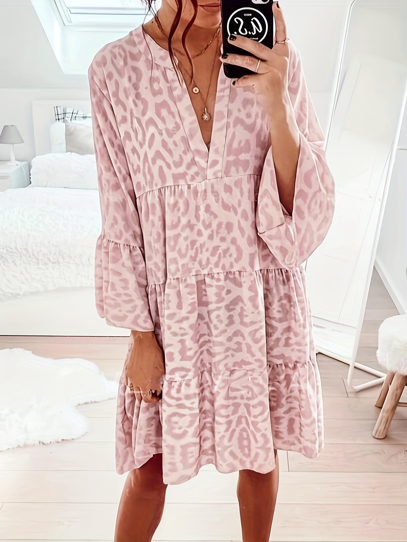Sixsr Leopard Print Ruffle Hem Dress, Casual V Neck Long Sleeve Dress, Women's Clothing