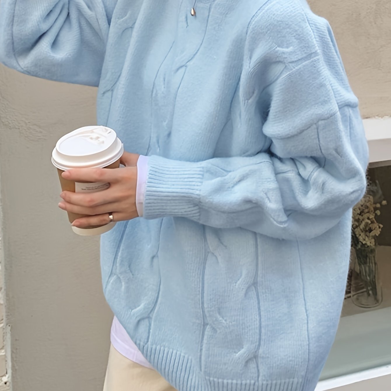 Sixsr Solid Cable Knit Loose Sweater, Casual Crew Neck Long Sleeve Sweater, Women's Clothing