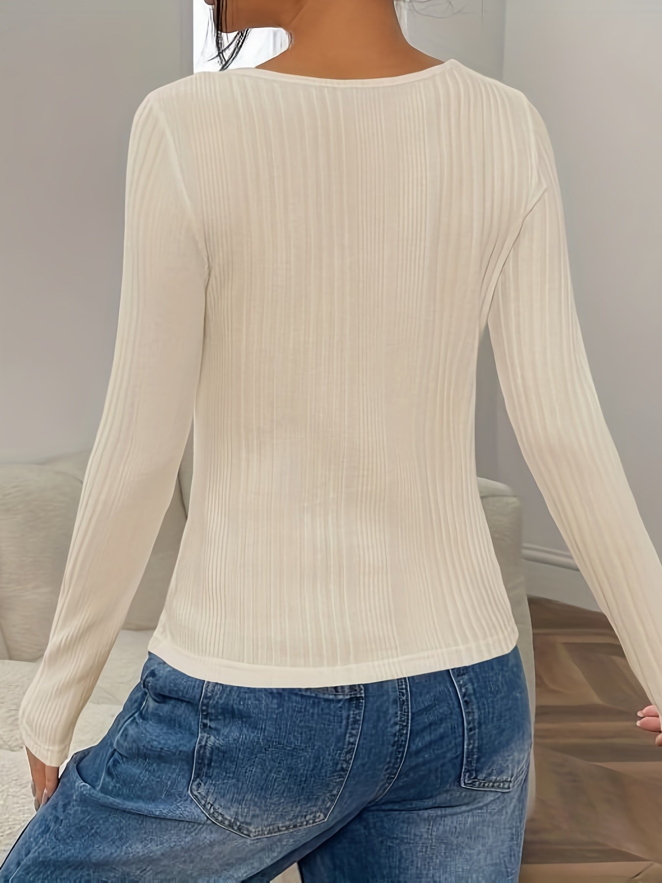 Sixsr Ribbed Square Neck T-Shirt, Casual Long Sleeve T-Shirt For Spring & Fall, Women's Clothing