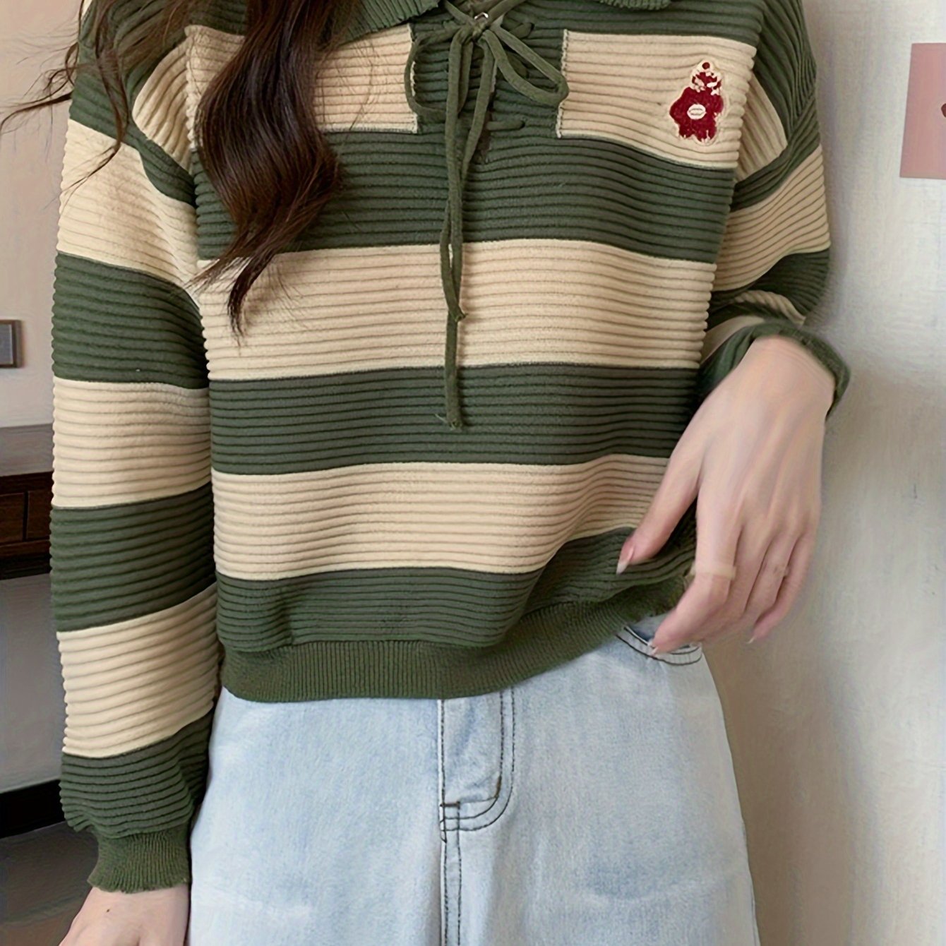Sixsr Striped Tie Neck Pullover Sweater, Casual Long Sleeve Drop Shoulder Sweater, Women's Clothing