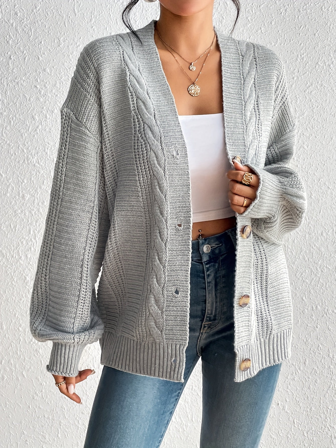 Sixsr Solid Button Down Cable Knit Cardigan, Casual Long Sleeve Drop Shoulder Sweater, Women's Clothing