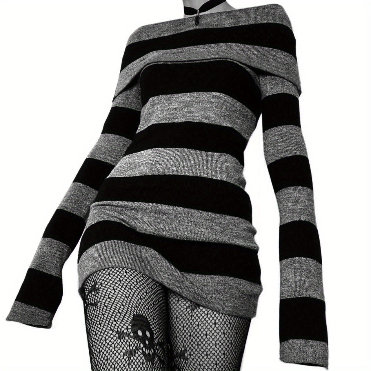 Sixsr Striped Print Foldover Dress, Casual Long Sleeve Bodycon Dress, Women's Clothing