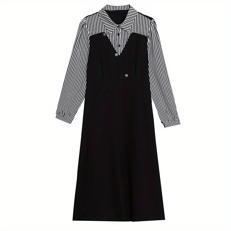 Sixsr Striped Print Splicing Dress, Elegant Long Sleeve Midi Dress, Women's Clothing