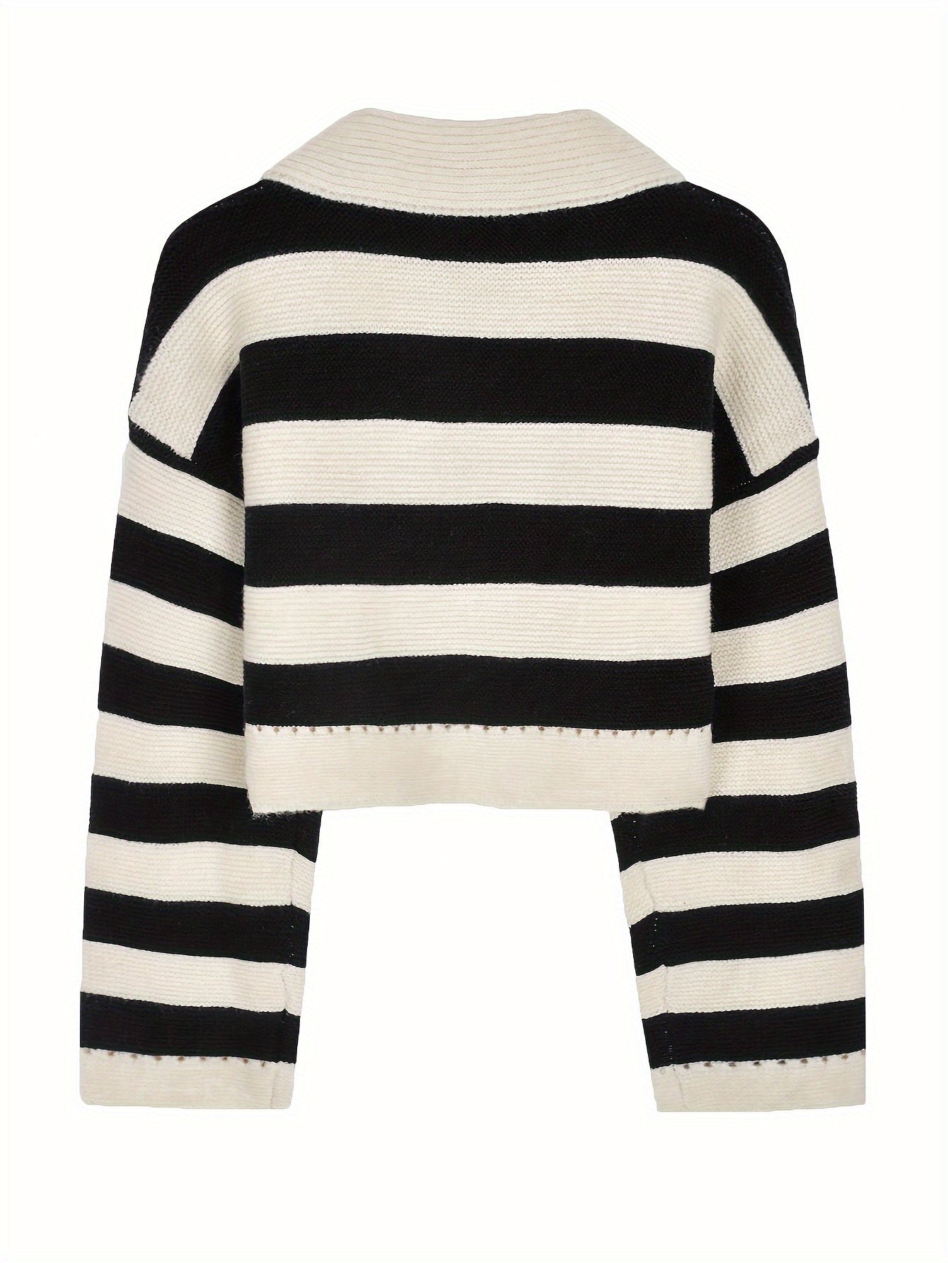 Sixsr Striped Notched Collar Pullover Sweater, Casual Long Sleeve Loose Crop Sweater, Women's Clothing