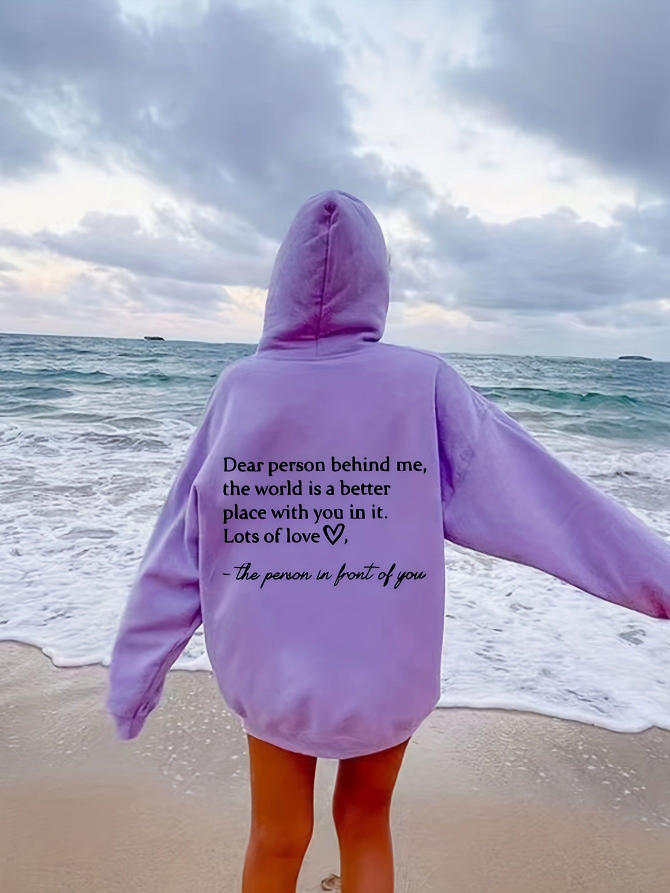 Sixsr Plus Size Casual Sweatshirt, Women's Plus Heart & Letter Print Long Sleeve Drawstring Hoodie