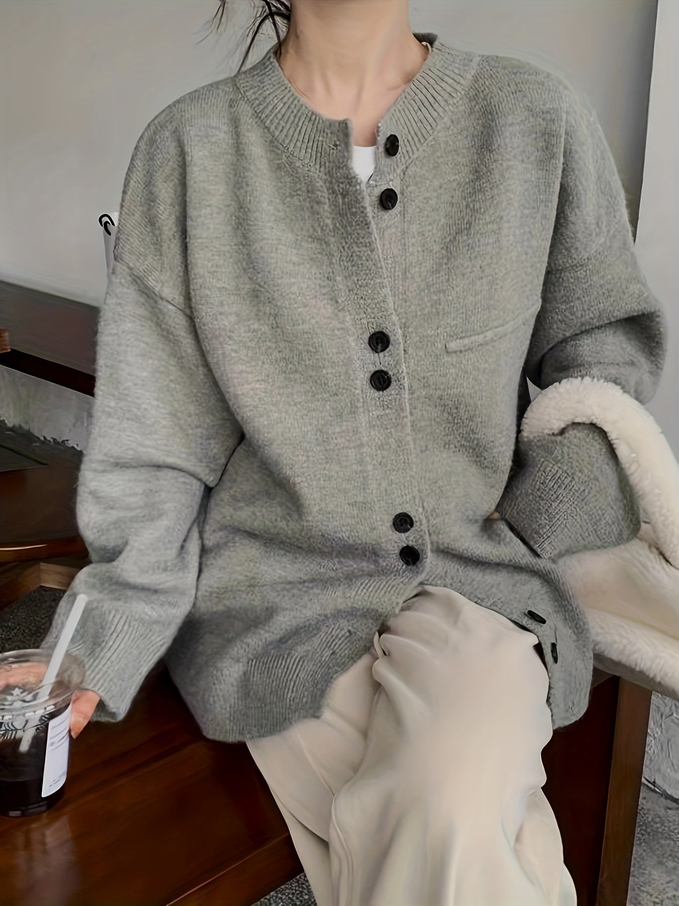 Sixsr Solid Button Down Knit Cardigan, Casual Long Sleeve Drop Shoulder Sweater, Women's Clothing