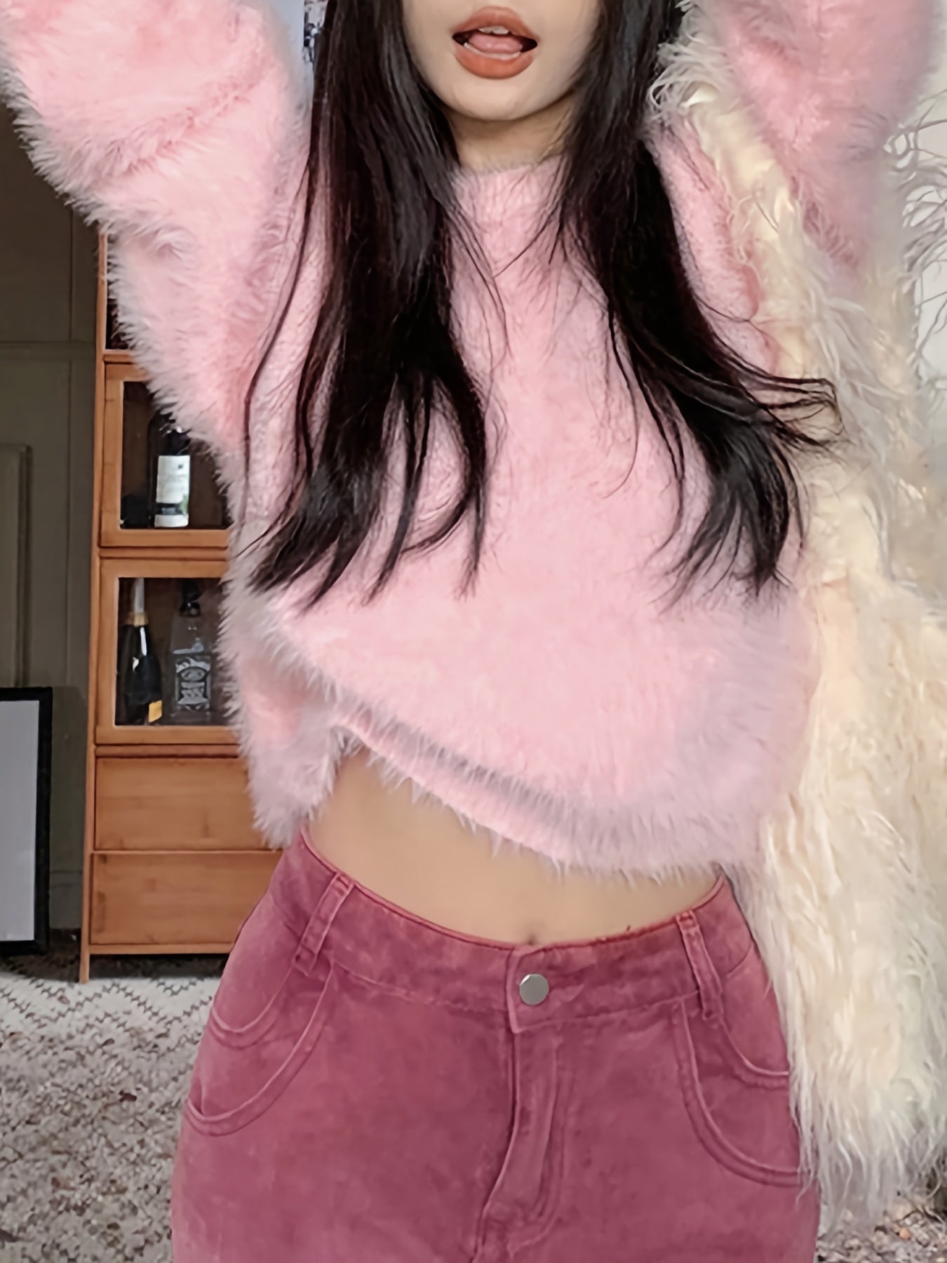 Sixsr Solid Color Faux Fur Crew Neck Sweater, Chic Long Sleeve Sweater For Fall & Winter, Women's Clothing