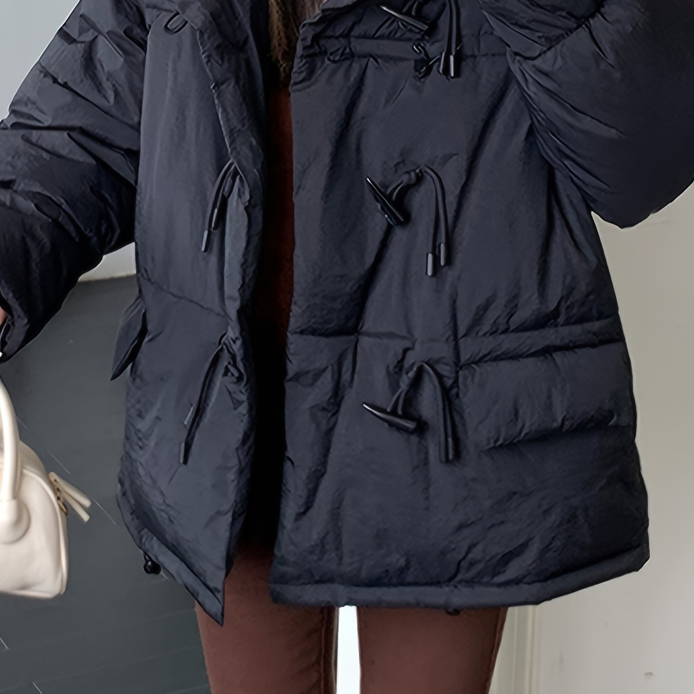 Sixsr Buckle Front Solid Warm Coat, Casual Long Sleeve Puffy Outerwear, Women's Clothing