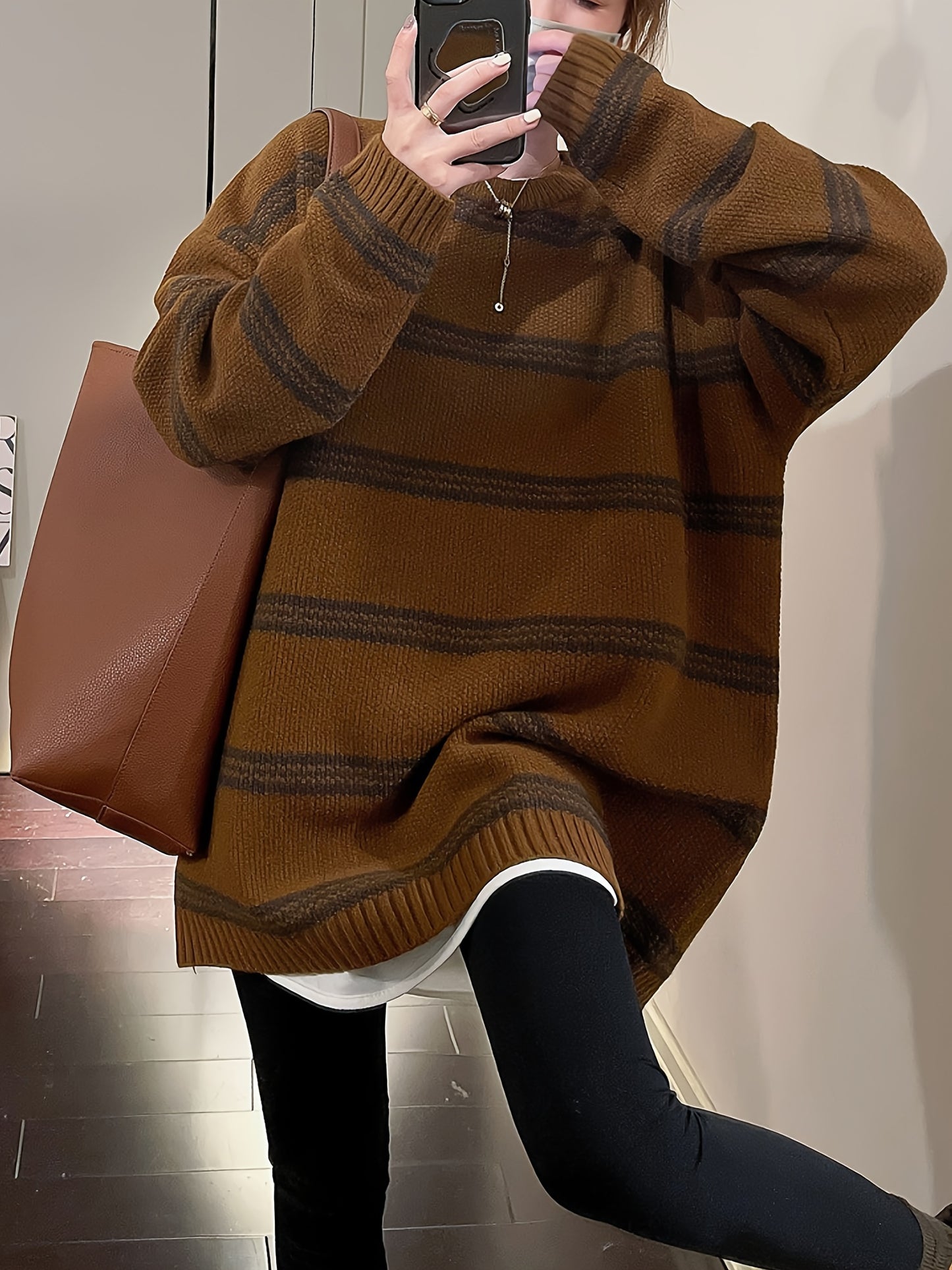 Sixsr Striped Crew Neck Pullover Sweater, Vintage Long Sleeve Oversized Slouchy Sweater, Women's Clothing