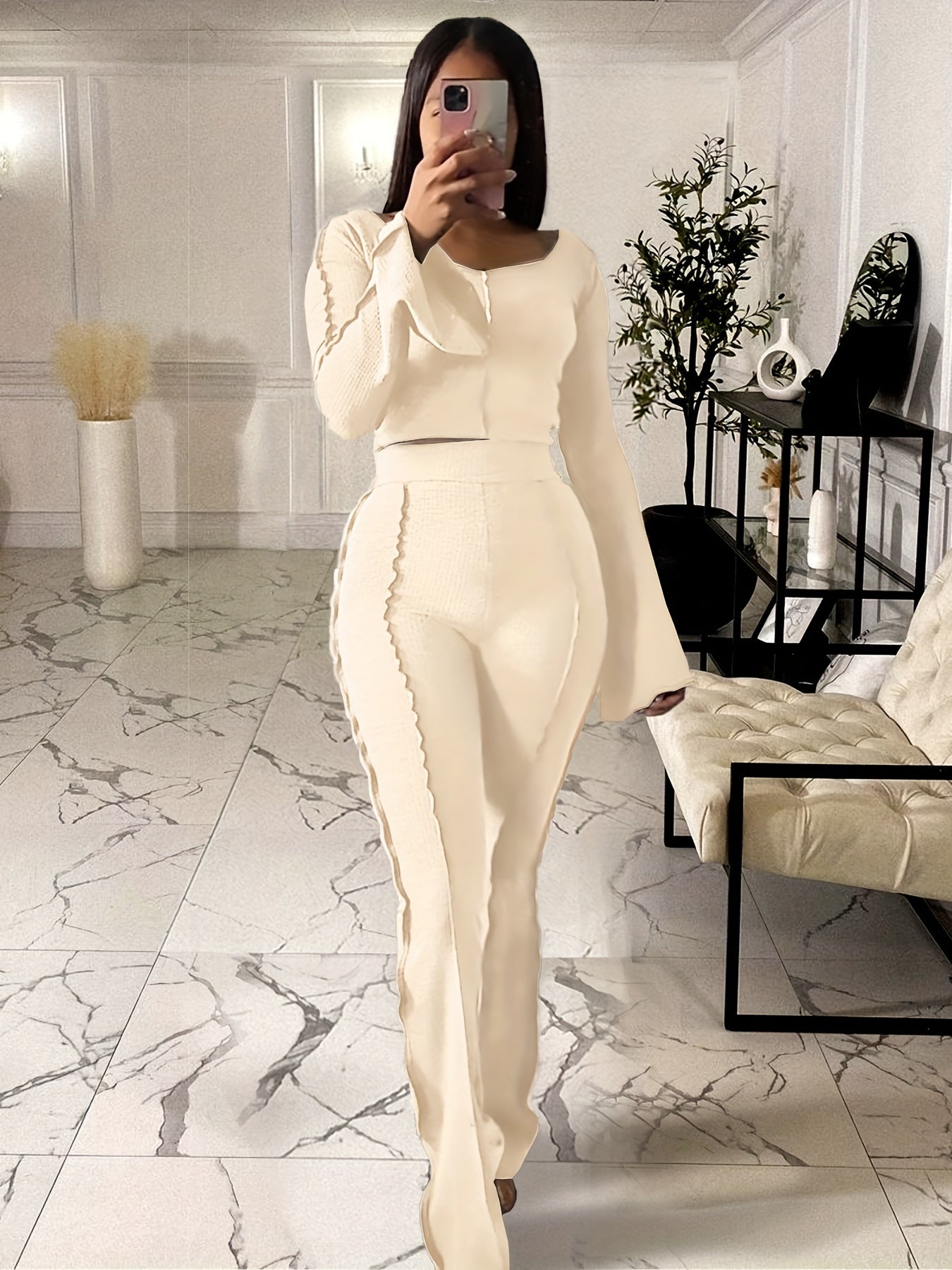 Sixsr Solid Rib Two-piece Set, Flared Sleeve Crew Neck Tops & High Waist Long Length Pants Outfits, Women's Clothing